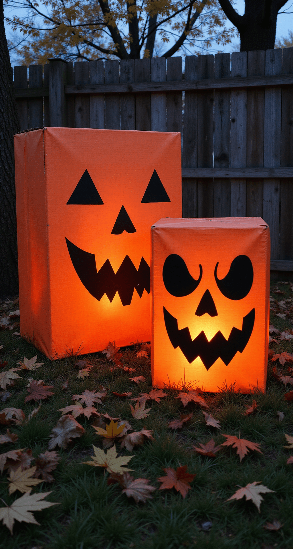 Spine-Chilling DIY Outdoor Halloween Decorations: Transform Your Yard into a Haunting Spectacle Oversized cardboard jack-o'-lanterns with jagged faces glow from within at twilight, surrounded by autumn leaves on dark grass and a weathered fence, captured from a low angle to highlight their scale.