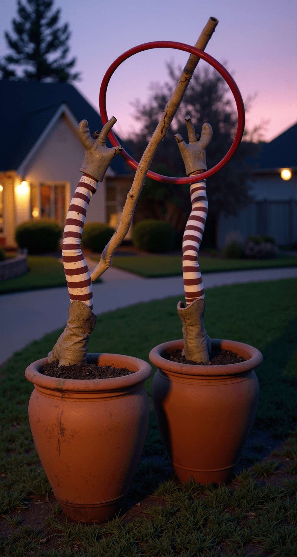 Spine-Chilling DIY Outdoor Halloween Decorations: Transform Your Yard into a Haunting Spectacle A whimsical scene featuring a crashed witch installation in a front yard, with striped stockings and pointed boots sticking out of large terra cotta planters. Two weathered broomsticks are crossed dramatically in the foreground, while pool noodle legs bend at realistic angles. A hula hoop adds a playful circular element, all set against a dusk sky with a purple-orange gradient. The image is captured from a 45-degree angle, enhancing the comedic yet spooky atmosphere.
