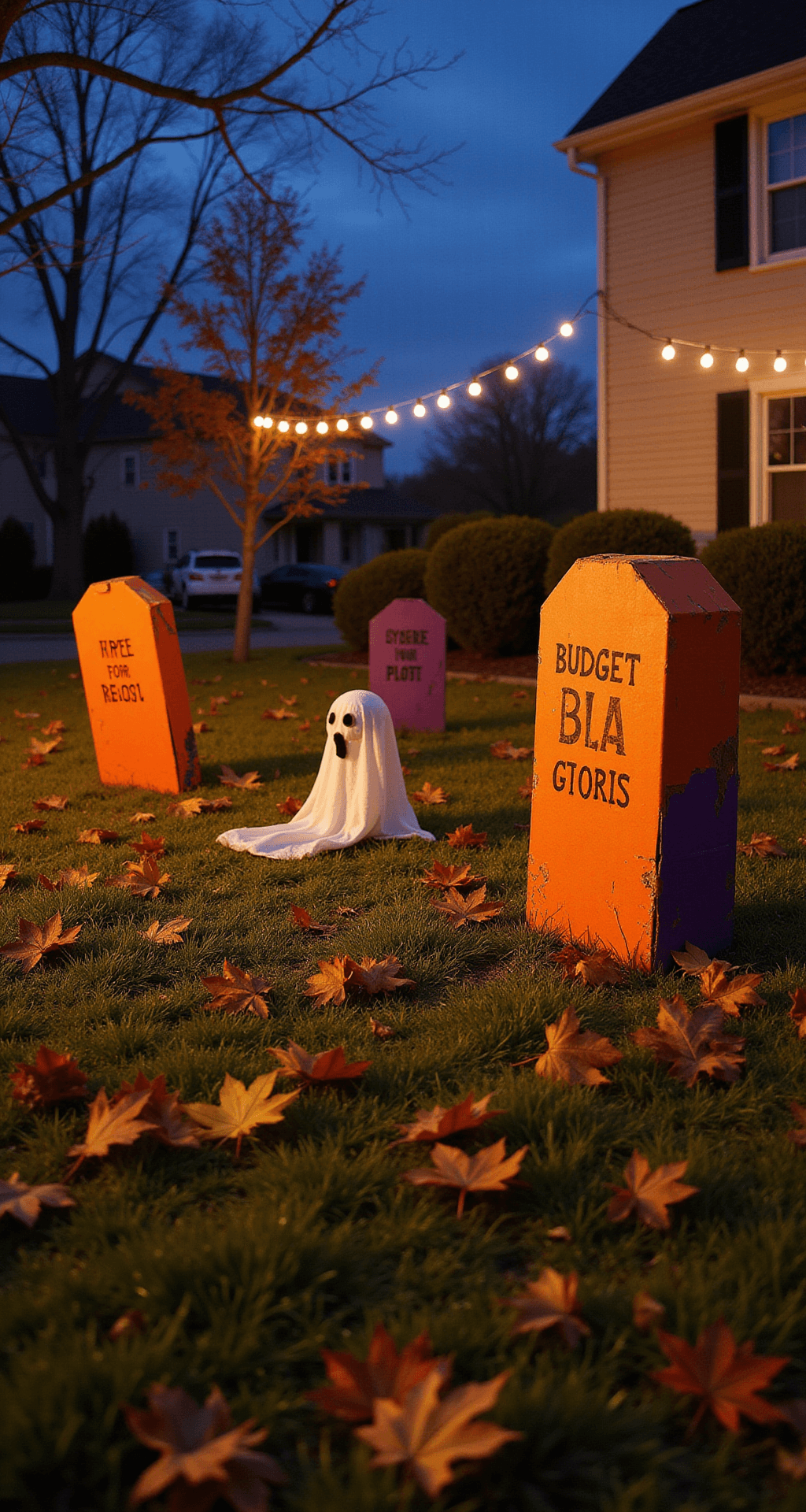Spine-Chilling DIY Outdoor Halloween Decorations: Transform Your Yard into a Haunting Spectacle A creative DIY Halloween display featuring cardboard tombstones and trash bag ghosts in a front yard, illuminated by string lights against a dark evening sky, with autumn grass and scattered maple leaves in an orange-black-purple color scheme.