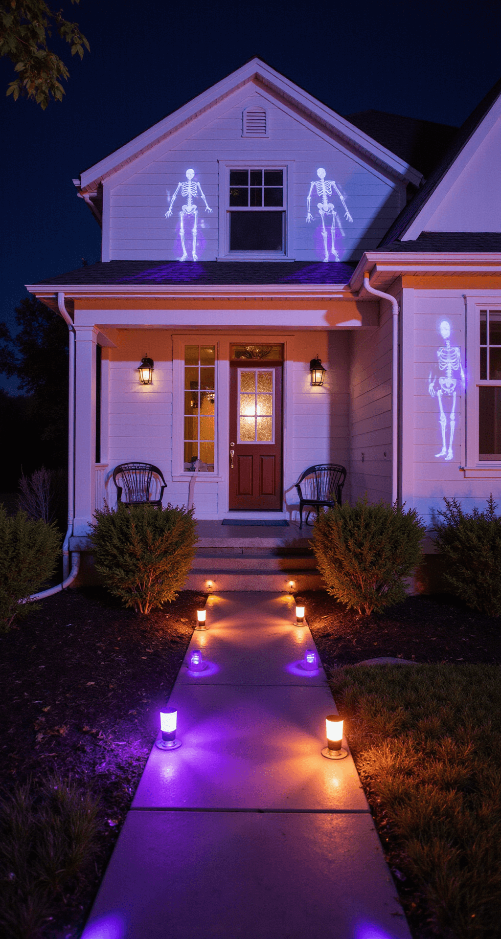 Spine-Chilling DIY Outdoor Halloween Decorations: Transform Your Yard into a Haunting Spectacle Projection lights cast rotating skeletal shadows on white house siding at night, with colored LED bulbs in purple and orange creating dramatic lighting. Glow sticks outline the pathway, while the modern craftsman architecture serves as a clean backdrop for the vibrant light show.