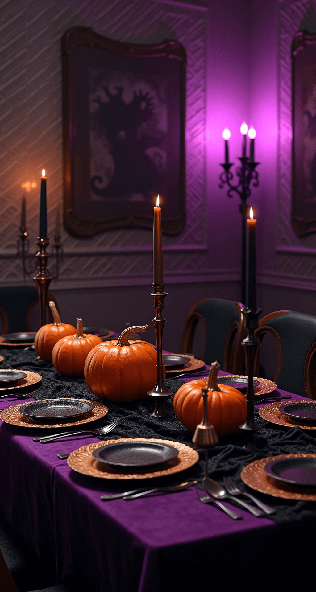 Spooky Sophistication: How to Create the Ultimate Halloween Party Table Setup Cinematic wide shot of an elegant dining room featuring a deep purple velvet tablecloth with a black lace overlay on a mahogany table, adorned with rich orange pumpkins, gold charger plates, and black dinner plates, all illuminated by moody candlelight from gothic candelabras, creating dramatic shadows against textured walls, with late evening ambiance enhanced by purple accent lighting.