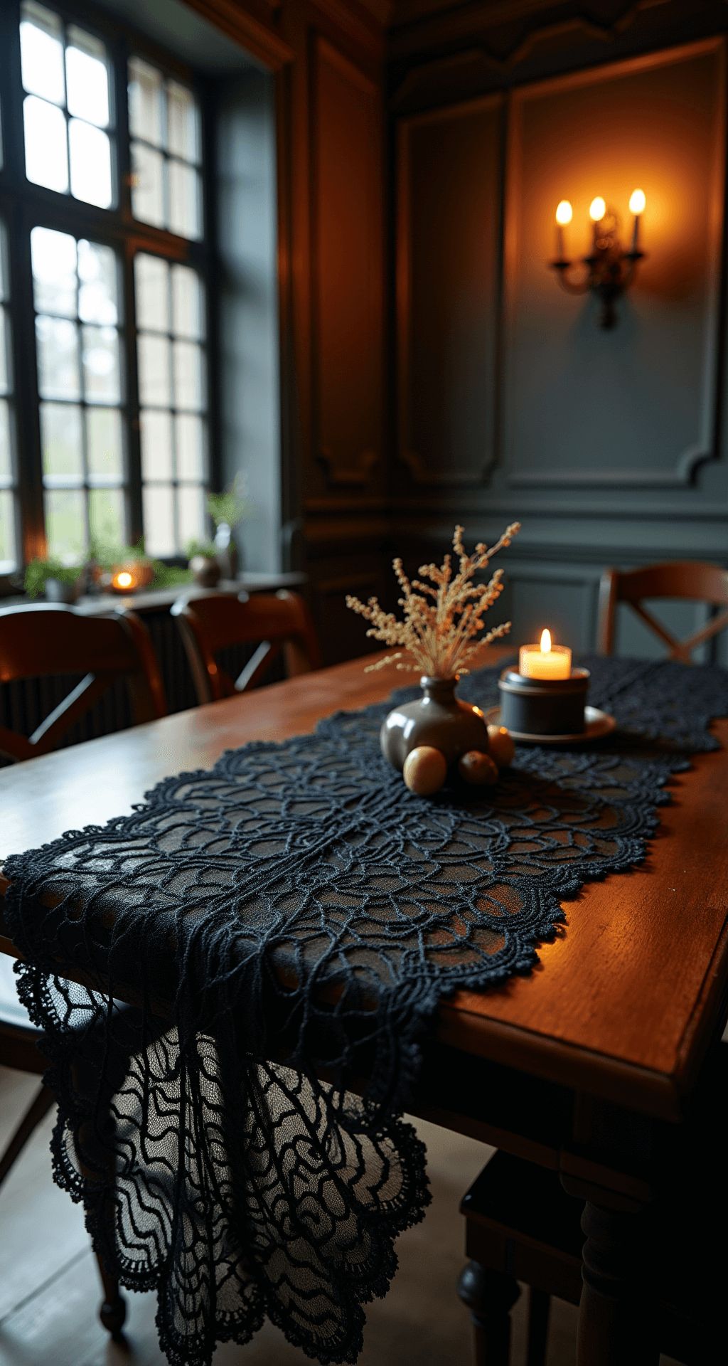 Spooky Sophistication: How to Create the Ultimate Halloween Party Table Setup Low angle view of an ornate black lace tablecloth featuring an intricate spiderweb table runner, set on a dark mahogany dining table. The layered textures of mesh, velvet, and metallic accents catch ambient lighting, while warm candlelight filters through the fabric, creating haunting shadows in a sophisticated room with crown molding.