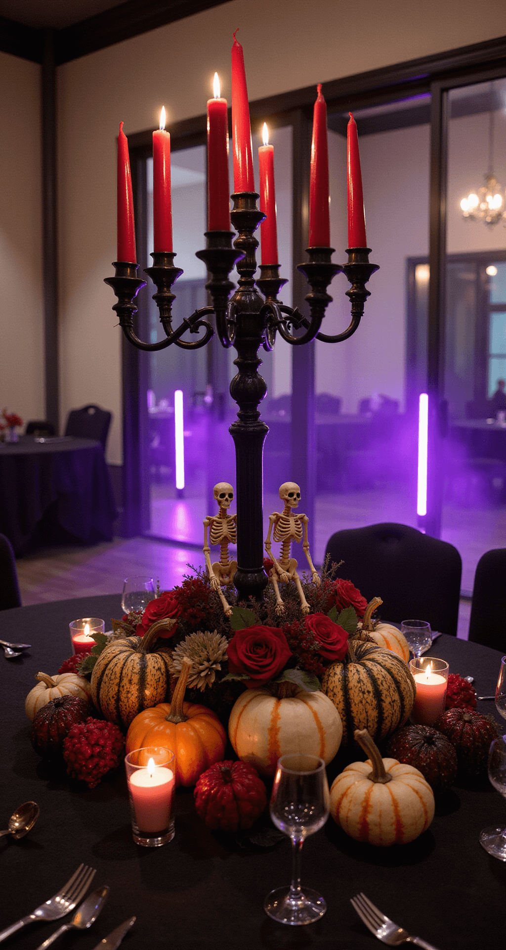 Spooky Sophistication: How to Create the Ultimate Halloween Party Table Setup Dramatic overhead view of a Halloween centerpiece with gothic candelabras, red candles, painted and natural pumpkins, and skeleton figurines, illuminated by LED lights in a rich black and gold color scheme with purple accents, set in a foggy, elegant dining space.