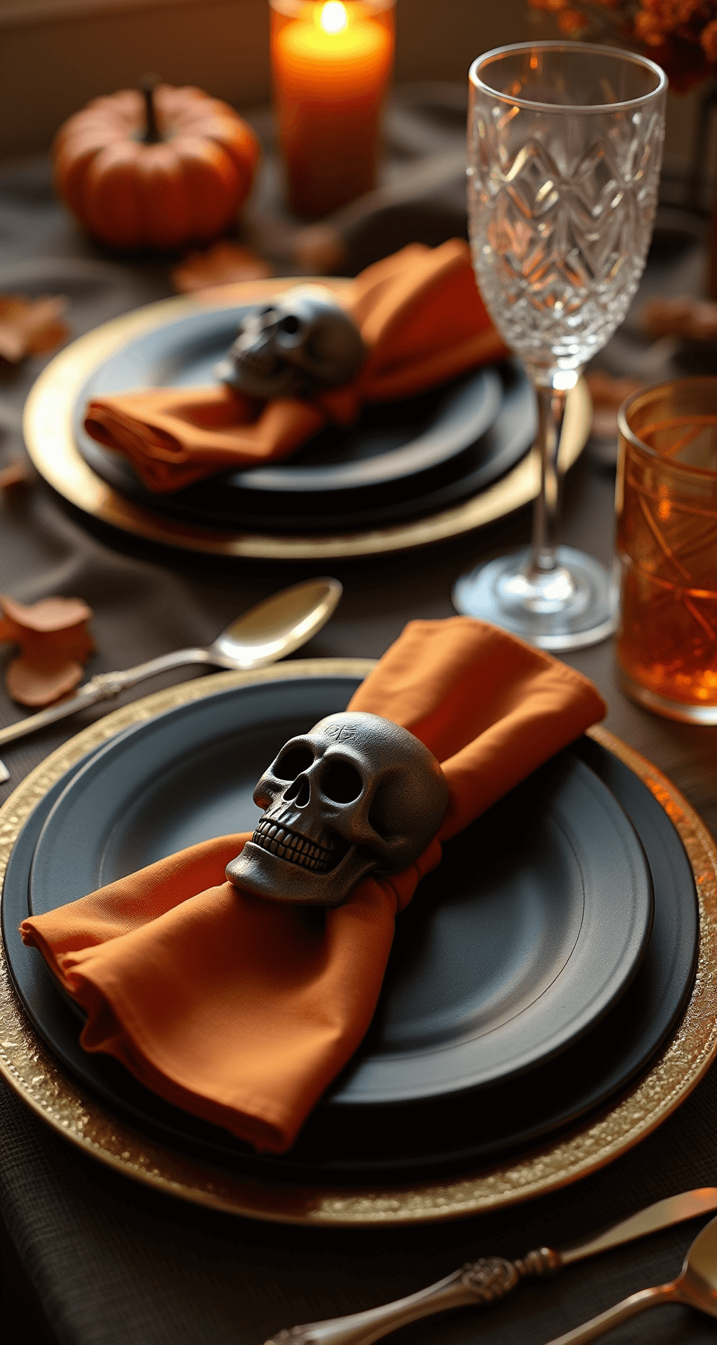 Spooky Sophistication: How to Create the Ultimate Halloween Party Table Setup Close-up macro shot of an elegant Halloween table setting featuring gold charger plates, matte black dinner plates, orange silk napkins, and skull-shaped place cards. Gothic silverware and shimmering crystal glasses are illuminated by candlelight against a textured linen backdrop with autumn leaves, all bathed in warm golden hour lighting for an upscale dining atmosphere.