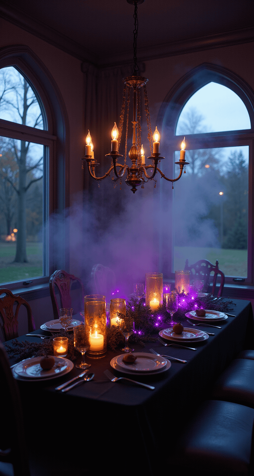 Spooky Sophistication: How to Create the Ultimate Halloween Party Table Setup An atmospheric Halloween dining room featuring dramatic mood lighting, with a dim chandelier and clusters of pillar candles. Purple string lights are intertwined with dark foliage, while orange gel lighting casts warm pools on a black tablecloth. Fog machine effects enhance the ethereal quality, set against a backdrop of Gothic architecture and twilight filtering through arched windows.