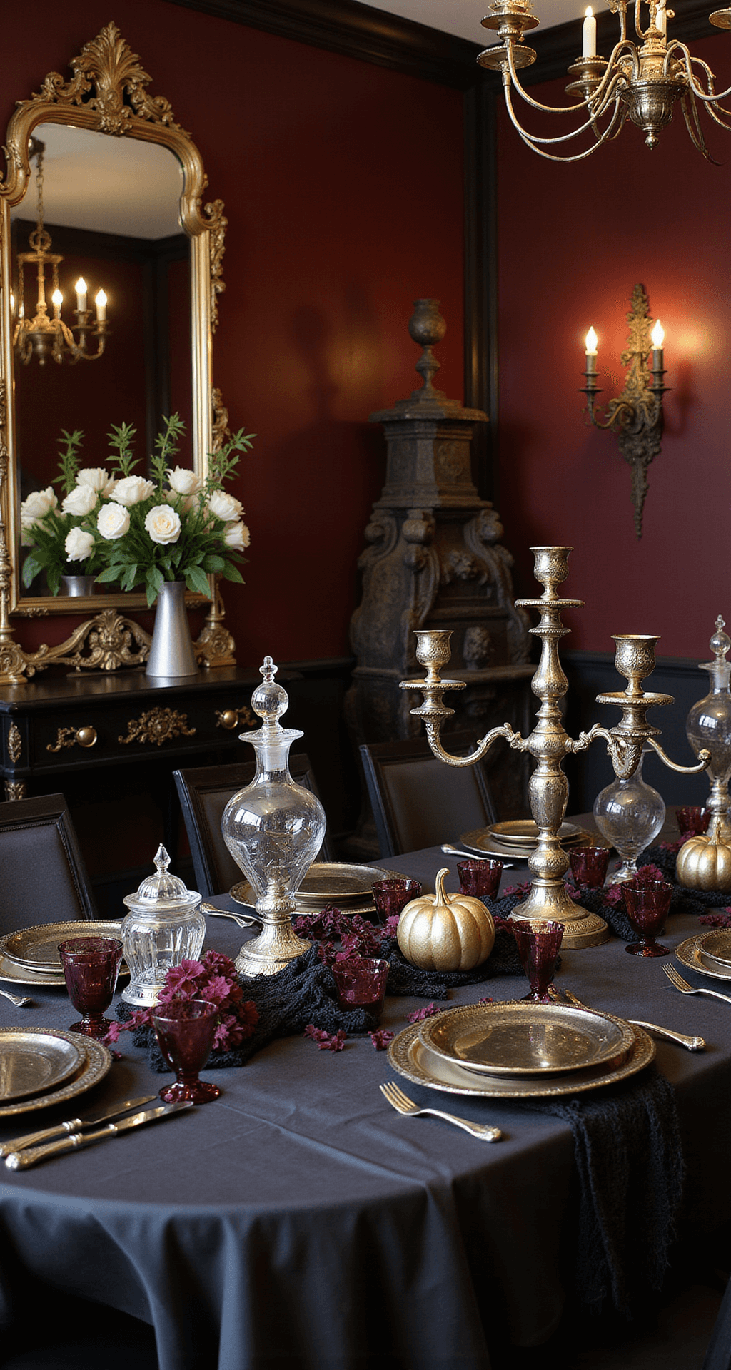 Spooky Sophistication: How to Create the Ultimate Halloween Party Table Setup Elegant gothic Halloween-themed dining room featuring metallic accents and black lace, with ornate silver candelabras, crystal decanters, and vintage mirrors reflecting candlelight against deep jewel tones of burgundy, black, and gold, all captured in moody lighting that highlights textures and rich shadows.