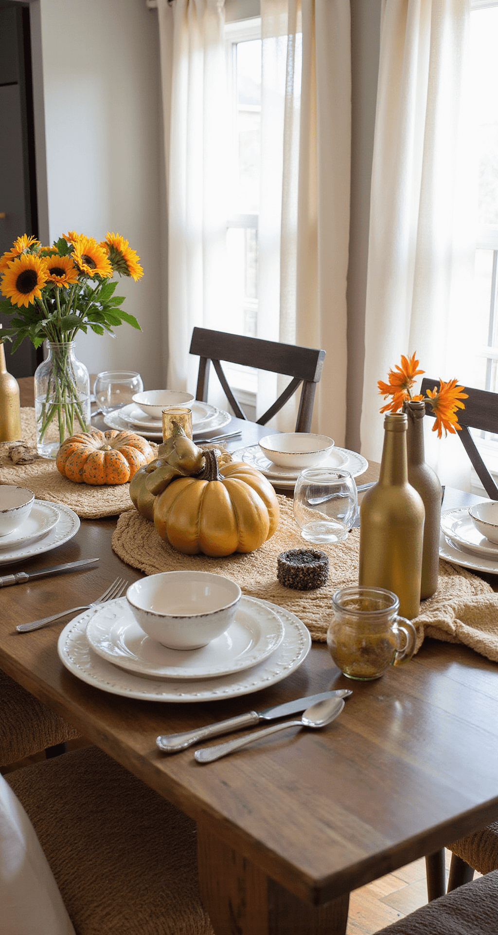 Spooky Sophistication: How to Create the Ultimate Halloween Party Table Setup A beautifully styled dining table featuring a mix of budget-friendly Halloween decor, including spray-painted gold pumpkins, repurposed glass bottles as vases, and elevated dollar store finds, all illuminated by warm afternoon light streaming through sheer curtains. The arrangement showcases layered textures and a harmonious color palette, blending sophistication with an approachable aesthetic.
