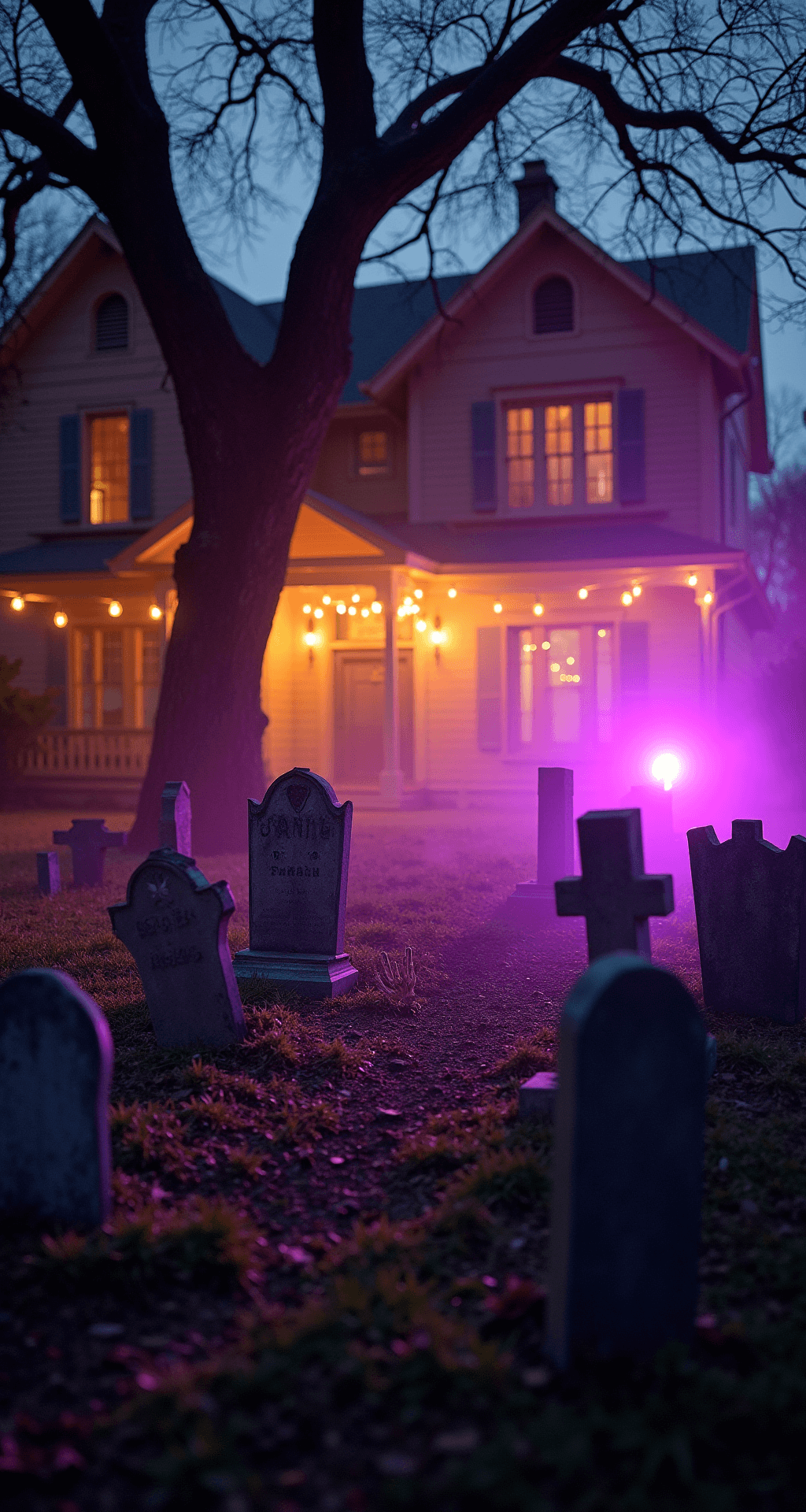 Creating a Spine-Chilling Front Yard Graveyard for Halloween Wide-angle shot of a Victorian front yard at twilight, featuring a spooky Halloween graveyard with varied weathered foam tombstones, illuminated by purple and orange LED lights. An ancient oak tree with bare branches looms above, adorned with string lights casting amber glow. Low-lying fog weaves between markers, revealing a fake skeleton hand emerging from the ground, all set in deep purples, charcoal grays, and warm amber tones. Shot from ground level for a dramatic, moody atmosphere.