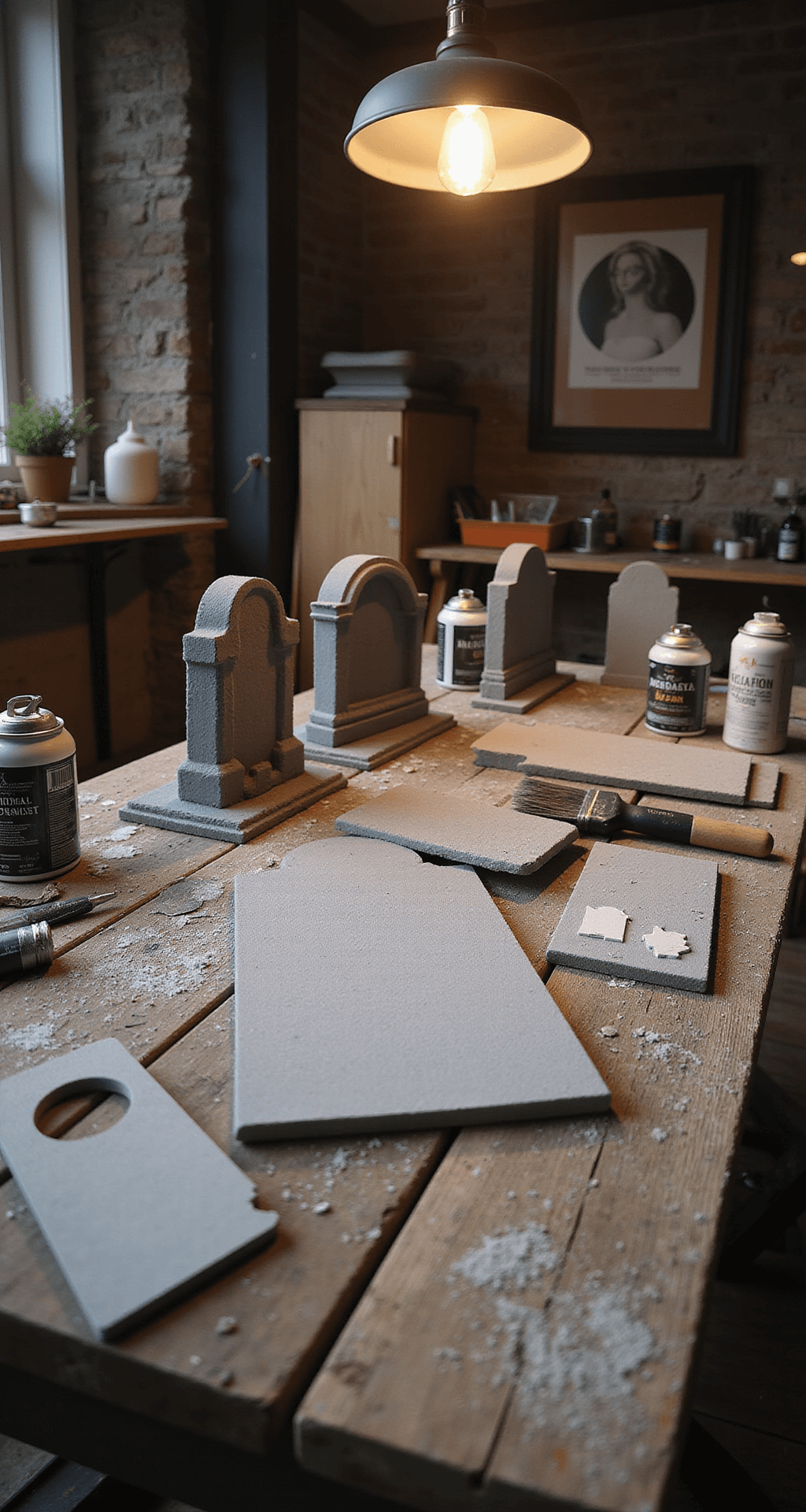 Creating a Spine-Chilling Front Yard Graveyard for Halloween Close-up of a rustic workshop scene featuring a workbench cluttered with gothic-shaped foam insulation boards, gray spray paint cans, weathering tools, and stencils for DIY tombstone creation. Warm lighting from an overhead pendant lamp highlights acrylic paint tubes, brushes, and sandpaper, emphasizing a creative Halloween atmosphere with a cement gray, bone white, and charcoal black color palette.