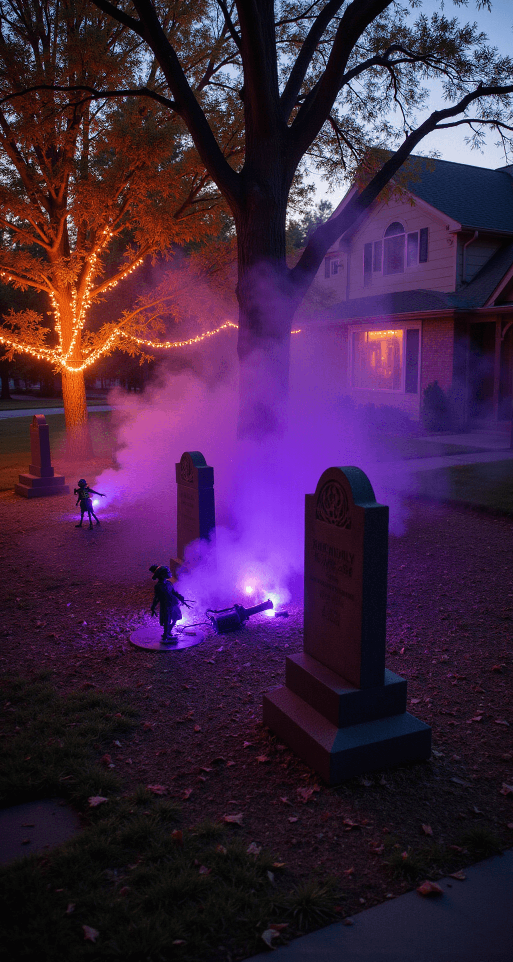 Creating a Spine-Chilling Front Yard Graveyard for Halloween A medium shot from a homeowner's perspective captures a front yard being transformed for Halloween at golden hour, with purple and orange string lights being arranged around tombstones, a fog machine creating mist, skeleton props among grave markers, and dark netting hanging from tree branches, all highlighted by the warm sunset transitioning to eerie artificial lighting.