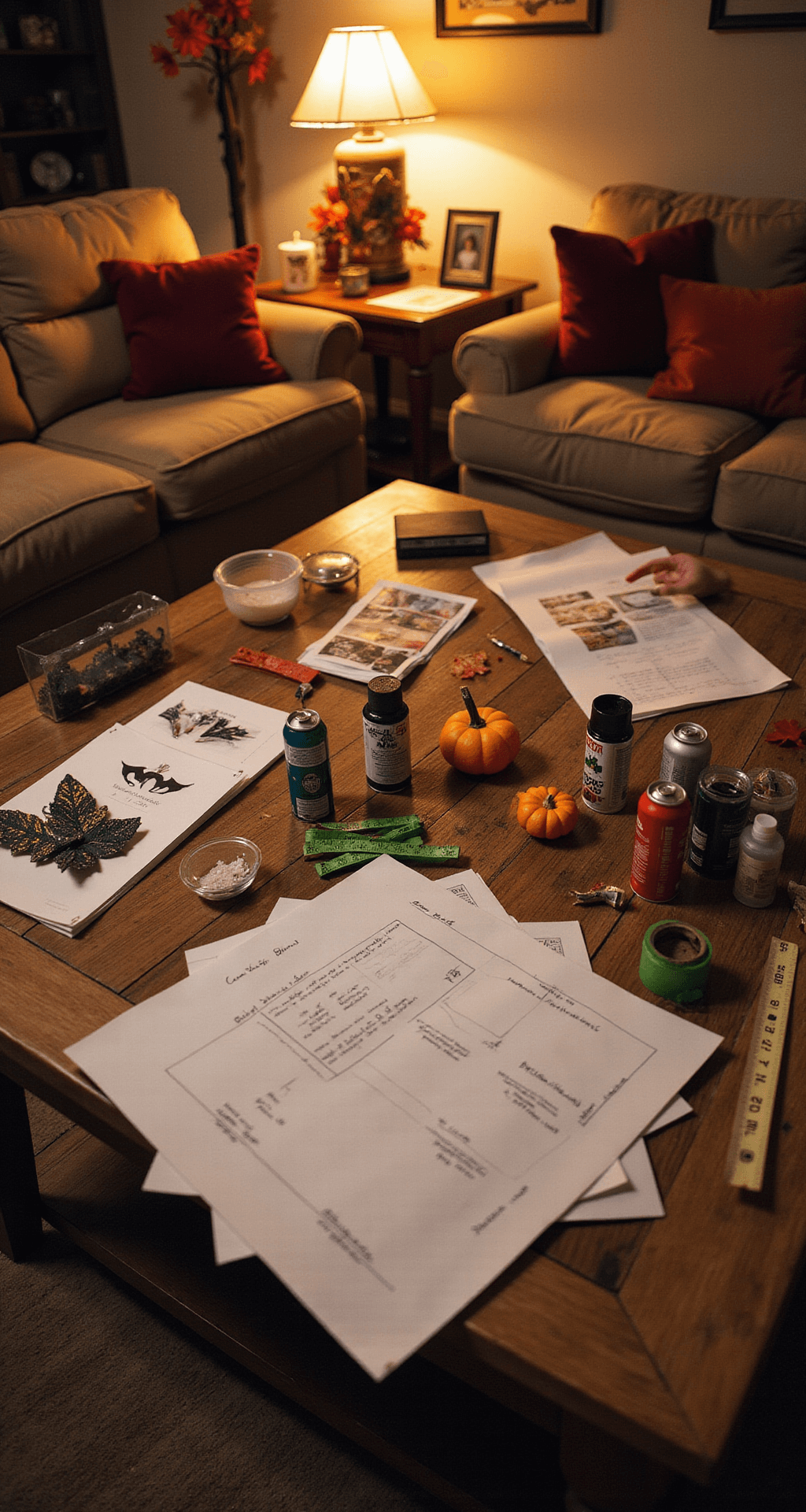 Creating a Spine-Chilling Front Yard Graveyard for Halloween Interior living room with Halloween decoration planning materials on a coffee table, including dollar store props, spray paint cans, and design sketches, illuminated by warm amber lighting; autumn decorations in the background enhance the cozy atmosphere.