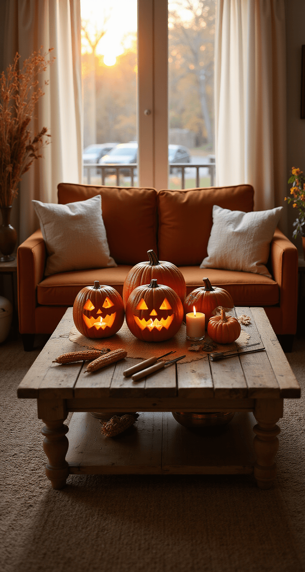 Spooktacular Jack-o'-Lantern Carving Ideas for Halloween 2025: From Beginner to Pro A cozy autumn living room bathed in warm amber light, featuring a rustic wooden coffee table with classic triangle-eyed jack-o'-lanterns and flickering candles, a burnt orange velvet sofa with cream throw pillows, pumpkin carving tools on a weathered oak side table, a textured jute rug, copper accents, and dried corn stalks in a vase.