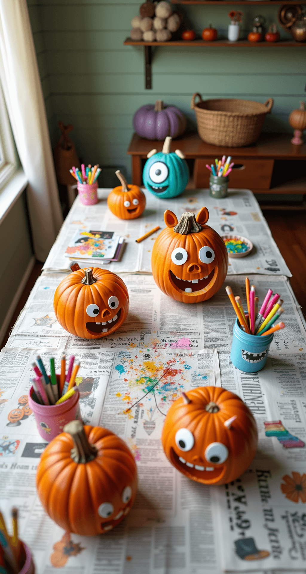 Spooktacular Jack-o'-Lantern Carving Ideas for Halloween 2025: From Beginner to Pro Playful family room filled with afternoon light, featuring a white farmhouse dining table covered in newspaper and whimsical character pumpkins, including a Mike Wazowski cyclops design. Surrounding the table are children's art supplies, rainbow-colored markers, and craft brushes in mason jars. The sage green shiplap walls and natural linen curtains add warmth, while woven baskets hold carving supplies, all captured from a 45-degree angle to showcase the lively Halloween workshop atmosphere.