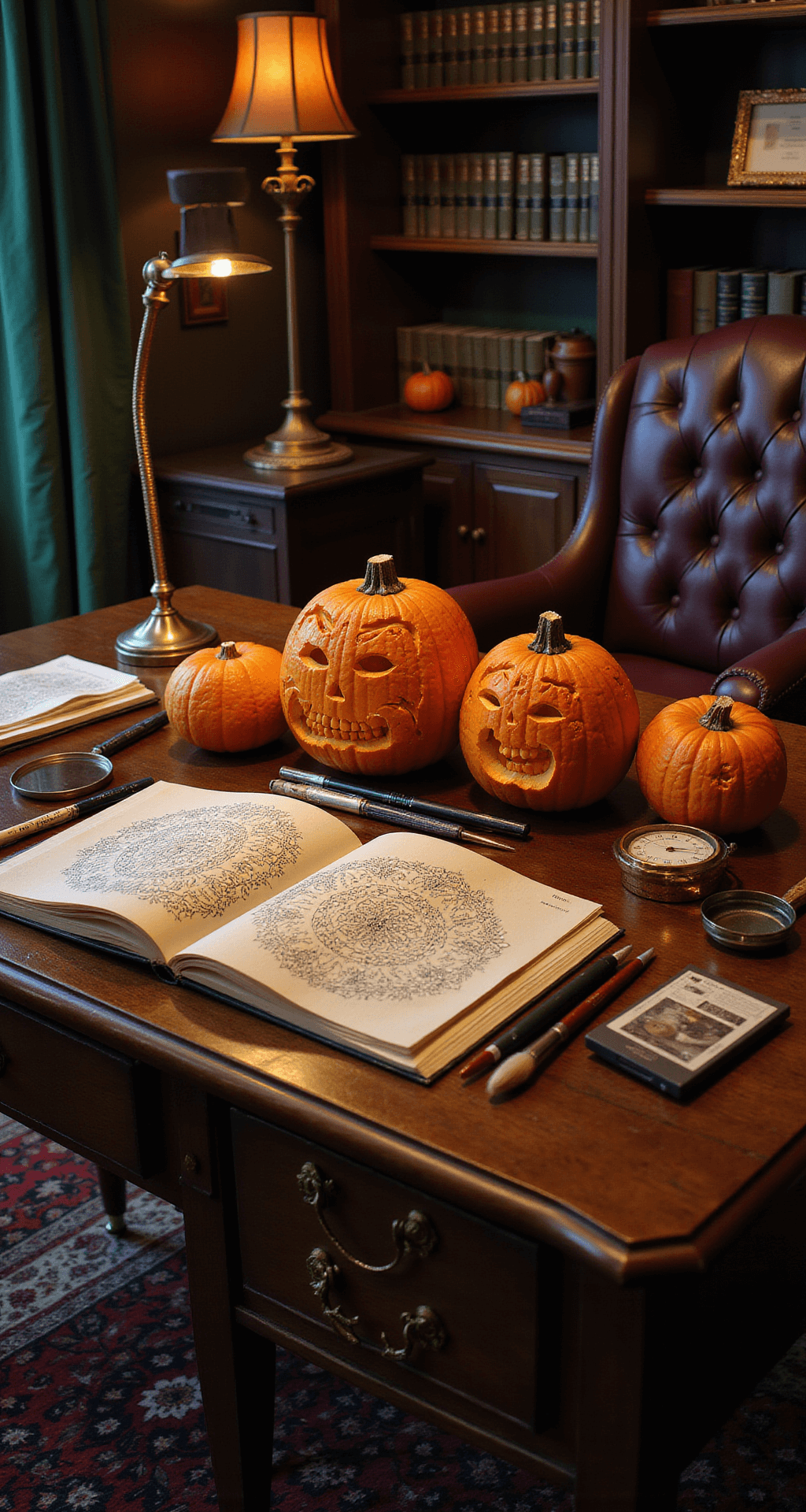 Spooktacular Jack-o'-Lantern Carving Ideas for Halloween 2025: From Beginner to Pro Sophisticated study room at dusk featuring a mahogany desk with intricately carved pumpkins, professional carving tools, and stencil papers, complemented by a deep burgundy leather chair and rich jewel-toned decor, all illuminated by a brass desk lamp.