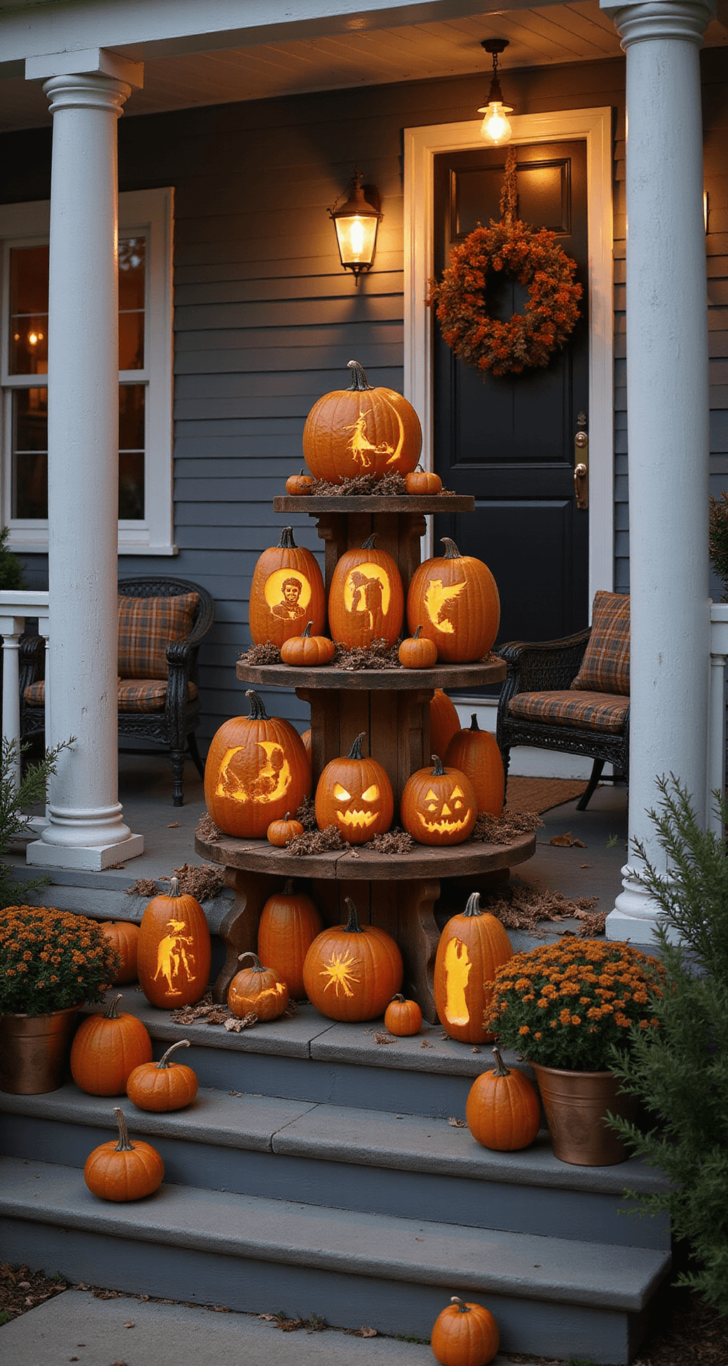 Spooktacular Jack-o'-Lantern Carving Ideas for Halloween 2025: From Beginner to Pro Elegant front porch at twilight showcasing tiered wooden stands with themed pumpkin collections, including space explorer astronaut designs and Edgar Allan Poe raven silhouettes. The scene features wrought iron furniture with plaid cushions, lanterns with Edison bulbs, and dried autumn wreaths, all set against weathered gray porch boards and white columns, with copper planters filled with mums, creating a sophisticated Halloween-themed display with an atmospheric evening glow.