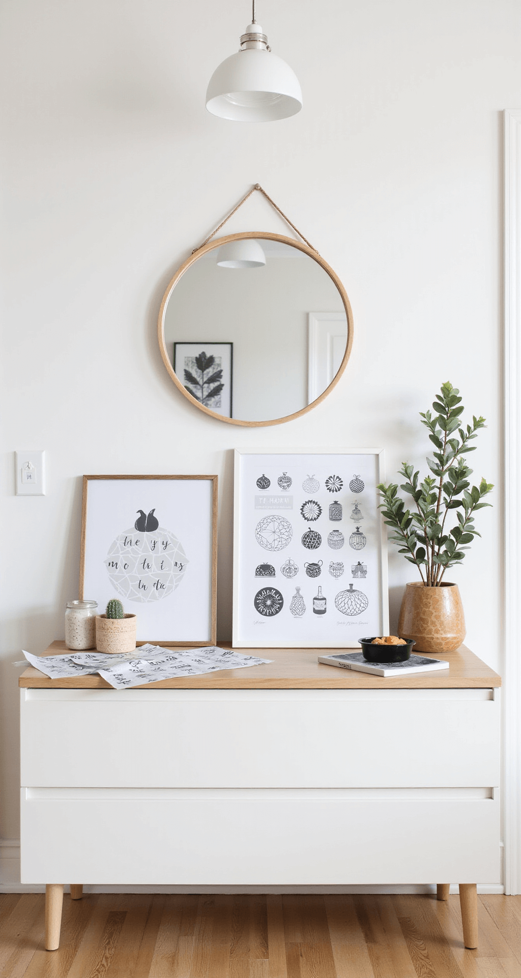 Spooktacular Jack-o'-Lantern Carving Ideas for Halloween 2025: From Beginner to Pro Modern minimalist entryway featuring a white console table with printed designs, transfer paper, and precision tools organized in geometric containers, accented by Scandinavian decor and blonde wood, under a pendant light and geometric mirror, all in a neutral palette.