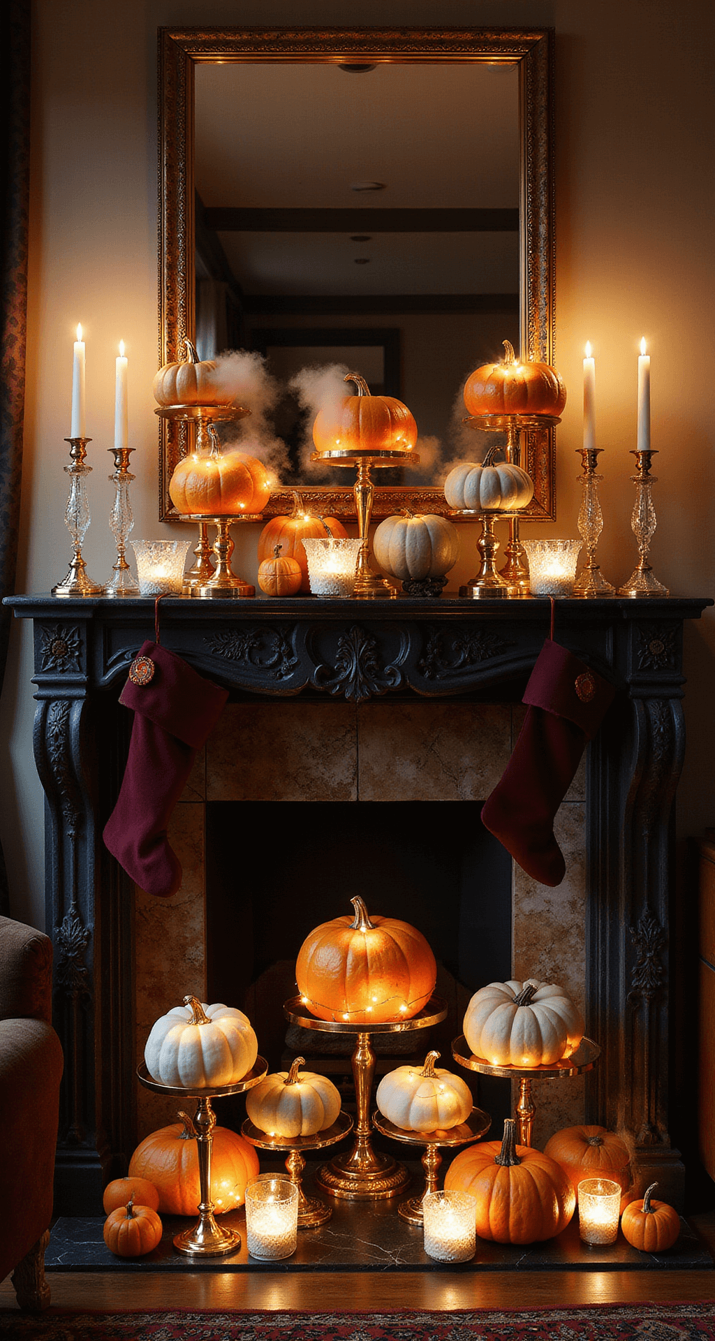 Spooktacular Jack-o'-Lantern Carving Ideas for Halloween 2025: From Beginner to Pro Luxurious autumn mantelpiece featuring varied sized pumpkins on brass stands, accented with LED string lights and dry ice fog, complemented by a dark charcoal fireplace, gold-framed mirror, crystal candlesticks, and burgundy velvet stockings, set against a rich textured backdrop of marble, silk, and a Persian rug.