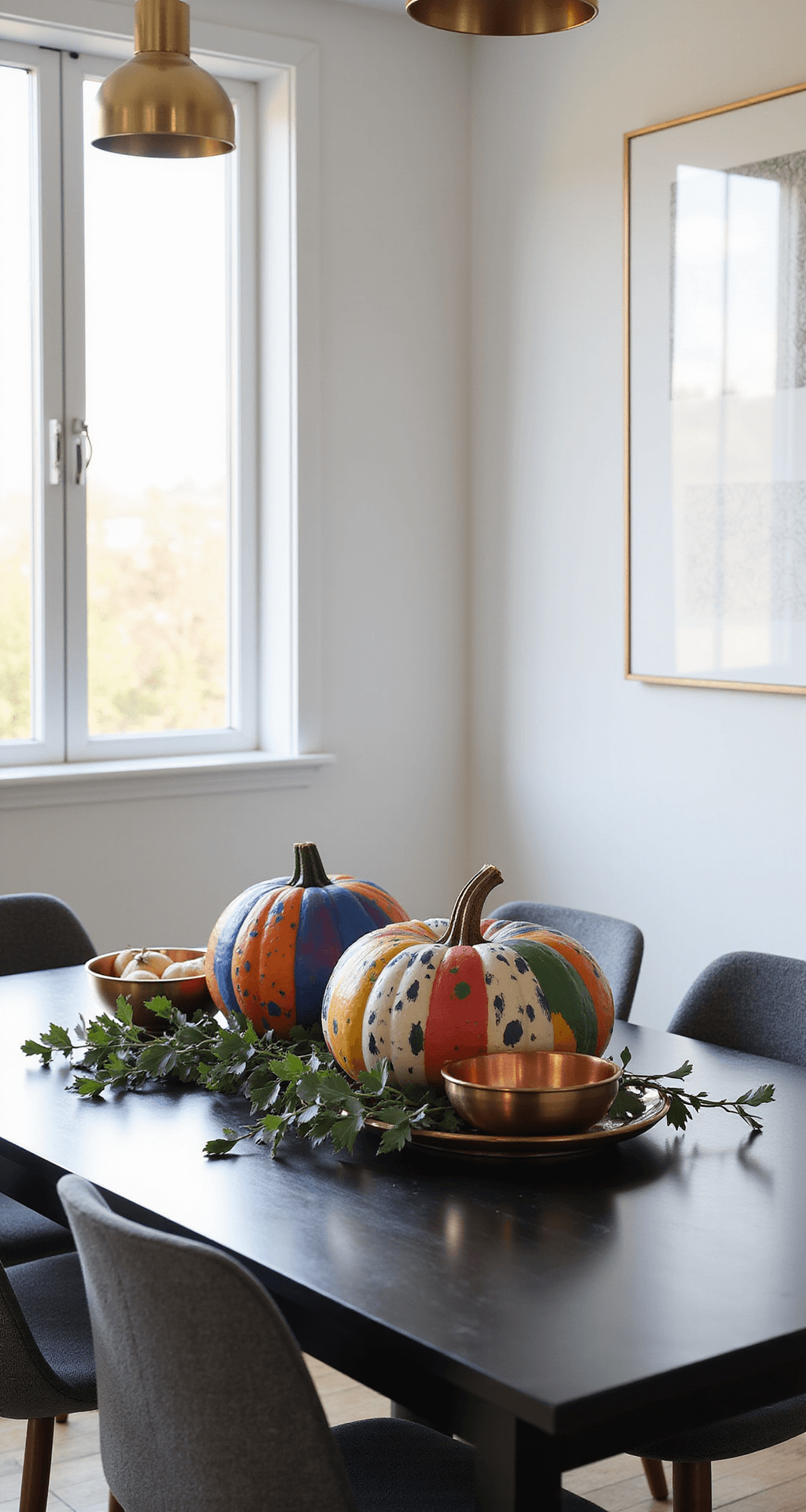 No-Carve Pumpkin Decorating: Unleash Your Creative Halloween Magic Modern dining room featuring a sleek black table adorned with geometric-patterned pumpkins in jewel tones, illuminated by crisp morning light through floor-to-ceiling windows, with charcoal gray chairs and brass pendant lights overhead, complemented by copper bowls and eucalyptus sprigs in a minimalist style.
