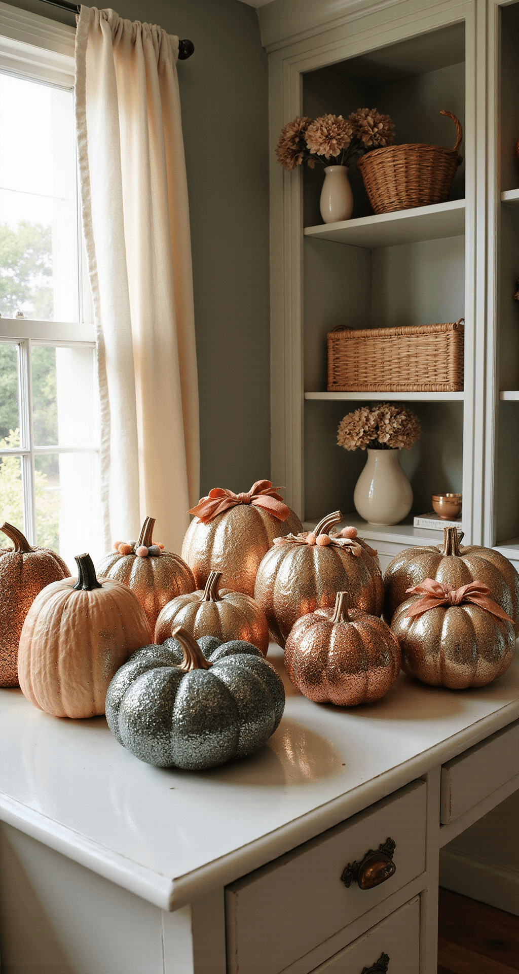 No-Carve Pumpkin Decorating: Unleash Your Creative Halloween Magic Cozy craft room corner featuring a vintage white desk adorned with texture-rich pumpkins decorated with sequins, ribbons, and glitter, surrounded by art supplies and woven baskets, all bathed in soft afternoon light with sage green walls.