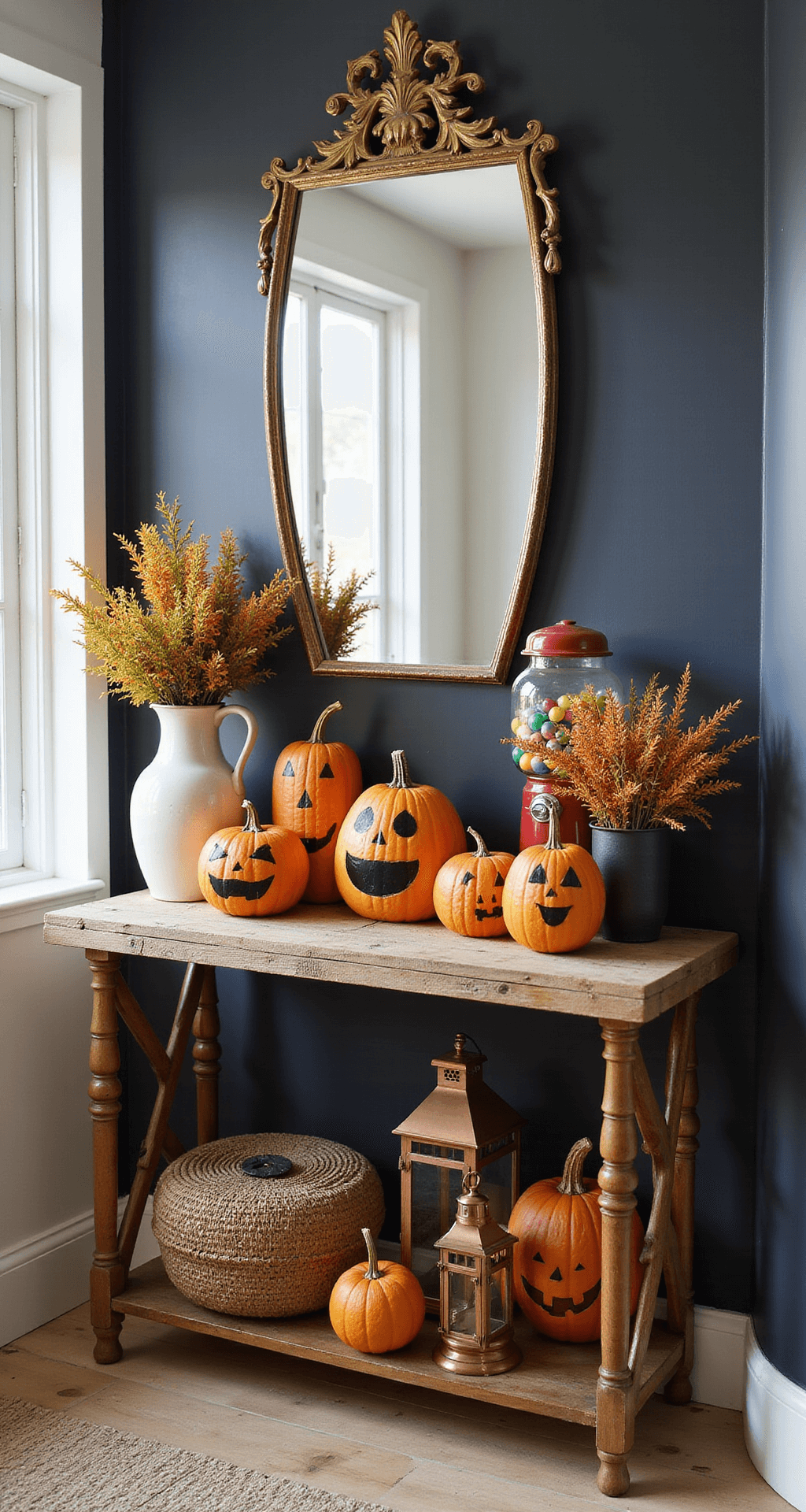 No-Carve Pumpkin Decorating: Unleash Your Creative Halloween Magic Eclectic entryway console with reclaimed wood top, adorned with themed character pumpkins featuring animal faces and pop culture icons, under a vintage brass mirror against charcoal walls; woven texture baskets below, copper lanterns, and fall foliage arrangements, all illuminated by natural morning light.