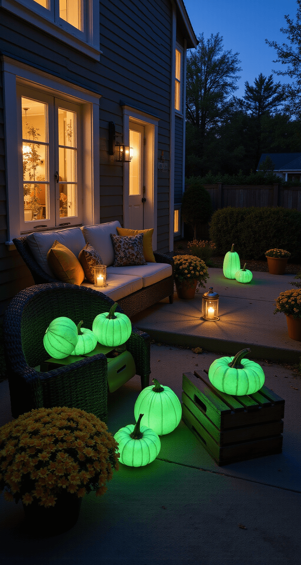 No-Carve Pumpkin Decorating: Unleash Your Creative Halloween Magic An elegant front porch at twilight featuring glow-in-the-dark painted pumpkins, dark wicker furniture with cream cushions, and lanterns with glowing candles, creating a magical ambiance surrounded by fall mums in terracotta pots and vintage wooden crates.
