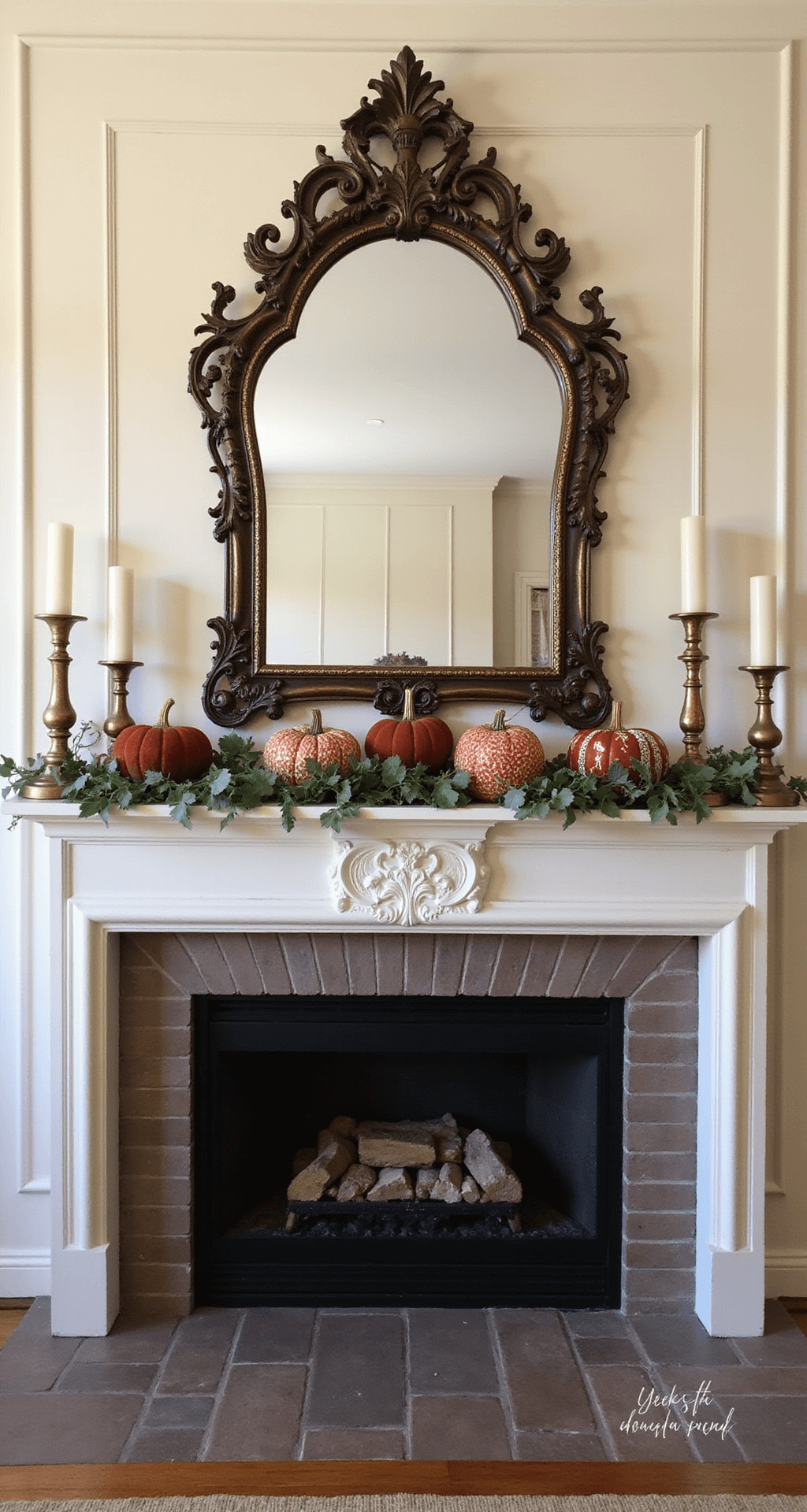 No-Carve Pumpkin Decorating: Unleash Your Creative Halloween Magic Sophisticated living room mantel featuring mixed no-carve pumpkin techniques with tape designs and painted patterns, adorned with brass candlesticks, eucalyptus garland, and velvet pumpkins in autumn hues, illuminated by warm late afternoon light against cream walls and a dark wood mantel, with an ornate mirror above.