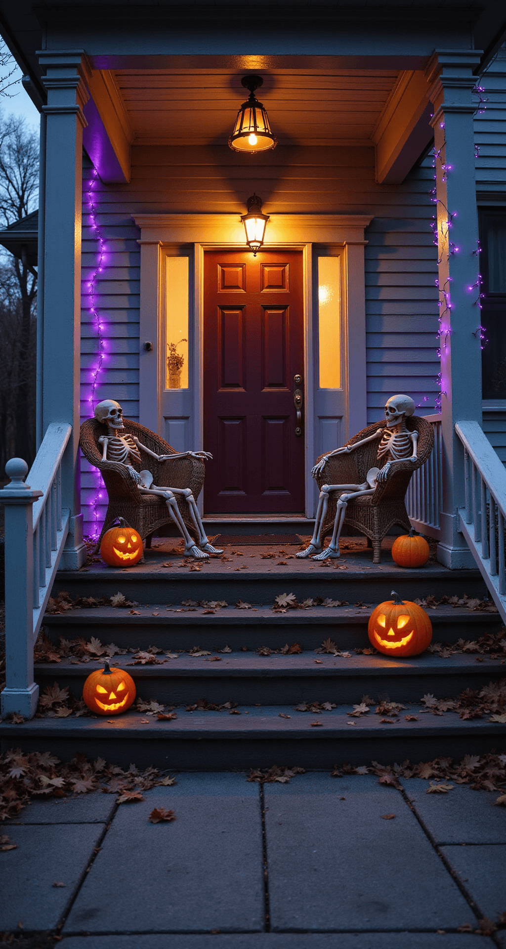 Spine-Chilling Front Porch Halloween Decorations: Transform Your Entrance into a Haunting Masterpiece A dramatic twilight scene of a Victorian front porch adorned with posable skeletons in eerie poses, a warm amber light illuminating autumn leaves scattered on the wooden floorboards, glowing jack-o'-lanterns on the steps, and purple LED string lights outlining a rich burgundy door, captured from a low angle for a foreboding perspective.