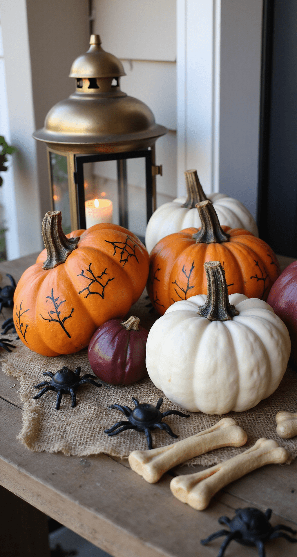 Spine-Chilling Front Porch Halloween Decorations: Transform Your Entrance into a Haunting Masterpiece Close-up shot of a Halloween porch vignette featuring a rustic wooden side table adorned with orange, white, and burgundy pumpkins with Sharpie designs, draped cheesecloth webbing, scattered plastic bones, rubber spiders, and a flickering battery lantern casting a warm glow, all captured during golden hour from an eye-level perspective.