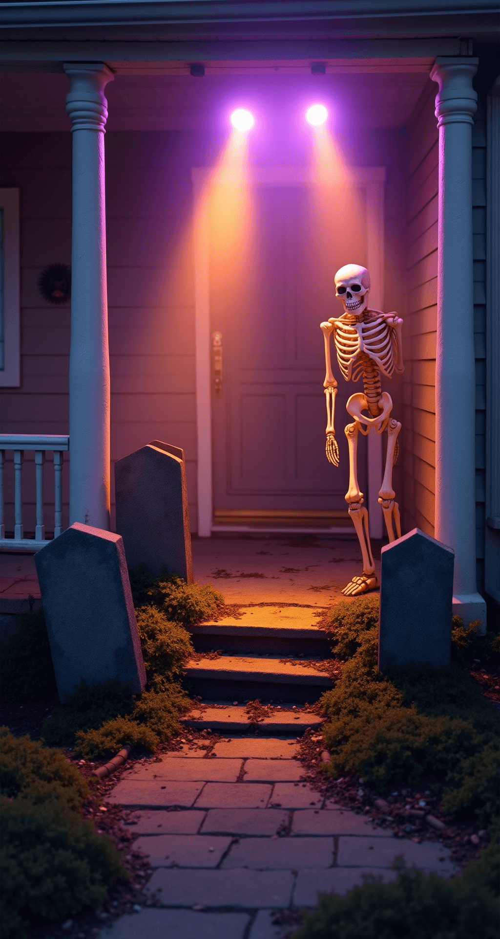 Spine-Chilling Front Porch Halloween Decorations: Transform Your Entrance into a Haunting Masterpiece A spooky front porch mini-graveyard scene at dusk, featuring foam tombstones of varying heights, an articulated skeleton emerging from behind the largest headstone, illuminated by orange spotlights and purple LED bulbs creating a dramatic, otherworldly glow through fog. The composition captures the full depth of the porch and showcases weathered gray tombstones with moss-like textures and deep shadows.