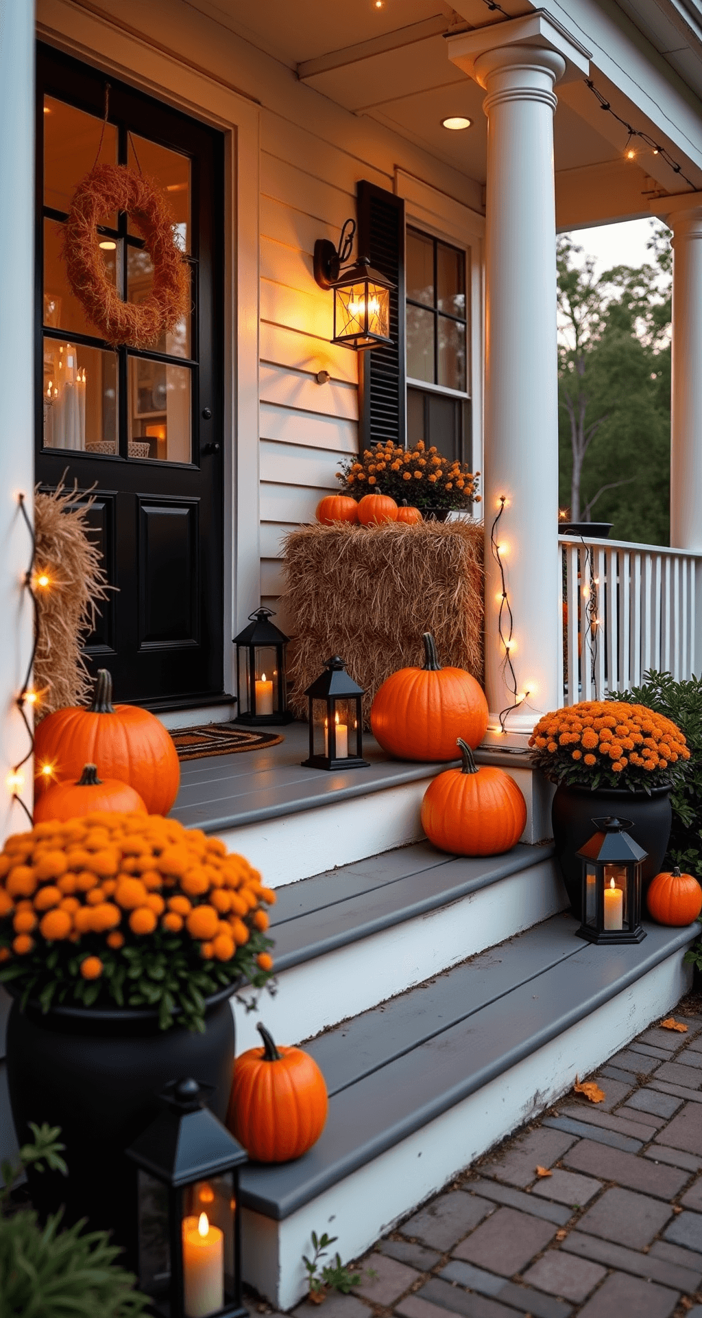 Spooktacular Halloween Front Porch Decor: Your Ultimate Styling Guide A festive Halloween front porch featuring carved jack-o'-lanterns on hay bales, vintage lanterns with LED candles, orange string lights, and dried corn stalks, set against a colonial-style home during golden hour.