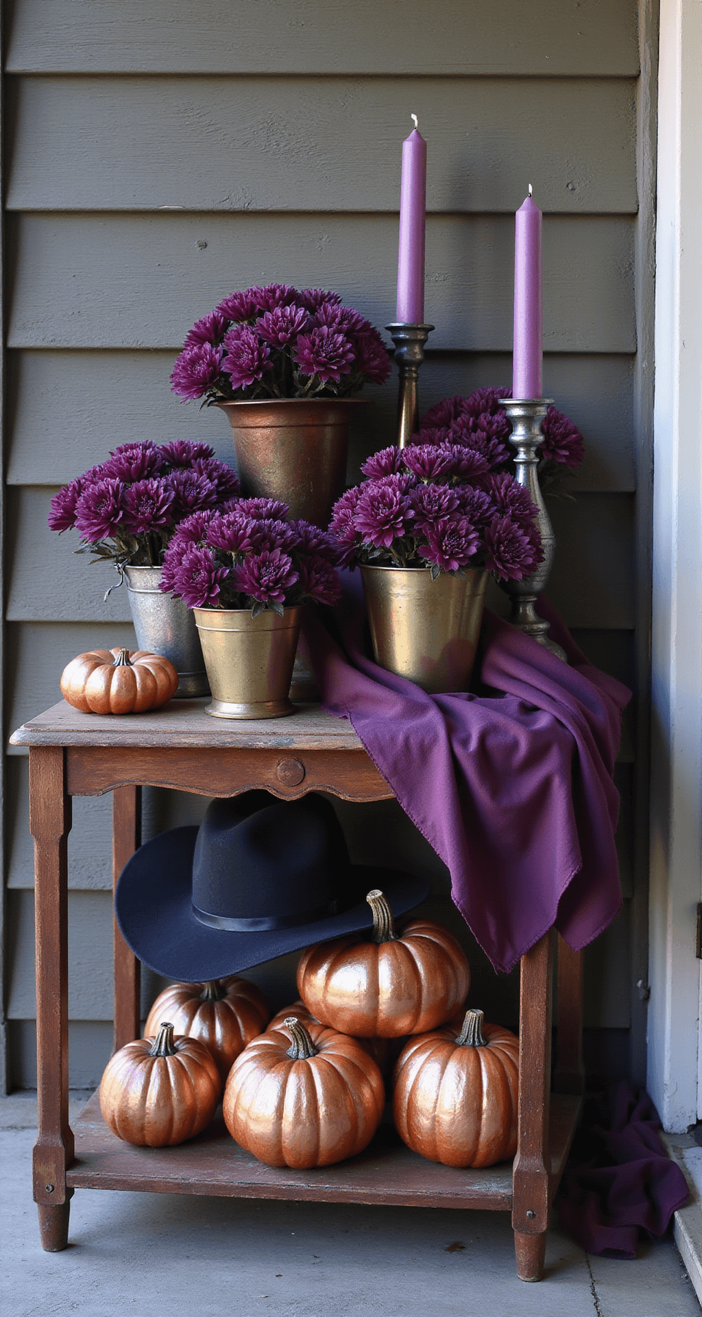 Spooktacular Halloween Front Porch Decor: Your Ultimate Styling Guide Close-up detail of a moody purple and metallic Halloween vignette featuring copper-painted pumpkins, deep plum mums in tarnished brass containers, draped cheesecloth, pewter candlesticks, and a vintage brass witch hat, all set on an antique wooden side table against a weathered porch backdrop, illuminated by soft purple uplighting.