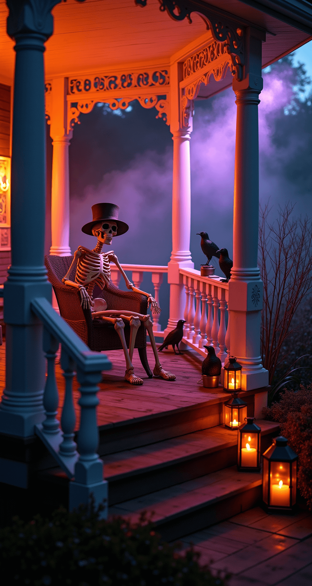 Spooktacular Halloween Front Porch Decor: Your Ultimate Styling Guide A spooky Halloween porch scene featuring a life-sized skeleton in a vintage wicker chair, shrouded in artificial fog, with orange and purple spotlights casting eerie shadows, tombstone props, perched black ravens, bare branches in galvanized buckets, and dimly lit gothic lanterns.