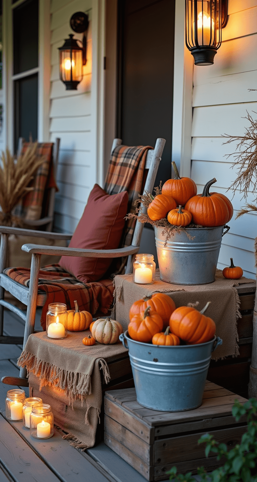 Spooktacular Halloween Front Porch Decor: Your Ultimate Styling Guide Cozy farmhouse Halloween porch styled with mini pumpkins in galvanized buckets, rustic wooden features, warm luminaries, and autumn accents during blue hour twilight.