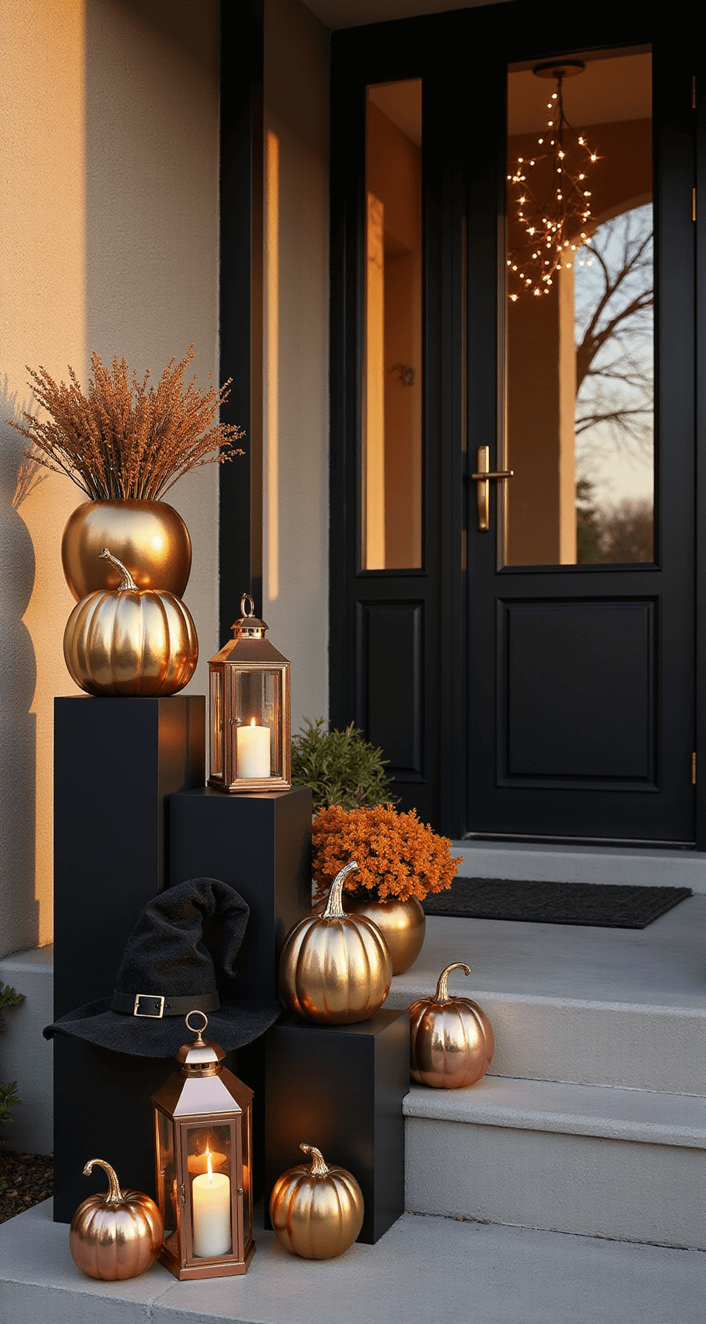 Spooktacular Halloween Front Porch Decor: Your Ultimate Styling Guide Glamorous metallic Halloween porch display featuring black double doors, gold and copper pumpkins on sleek pedestals, metallic witch hats, rose gold string lights, and copper lanterns, all under sunset light creating dramatic shadows and an elegant ambiance.