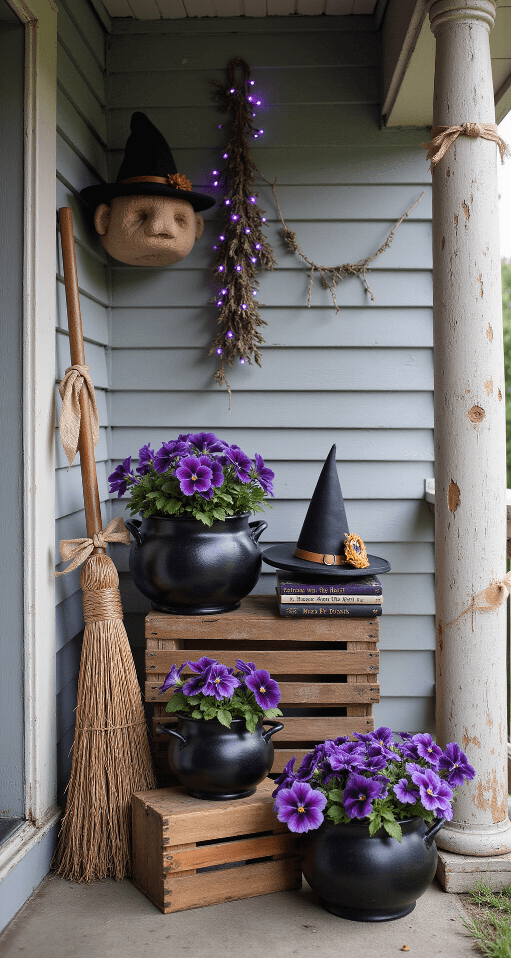 Spooktacular Halloween Front Porch Decor: Your Ultimate Styling Guide A whimsical Halloween porch corner featuring weathered wooden boards and vintage columns, adorned with antique broomsticks, cauldron planters of purple and black pansies, pointed witch hats, ghostly cheesecloth draping, battery-operated purple string lights, stacked spell books, and dried herb bundles, all bathed in soft natural lighting for a mystical atmosphere.