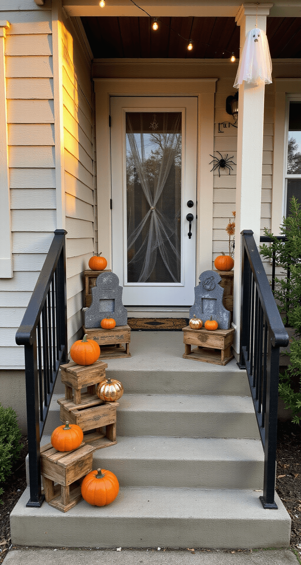 Spooktacular Halloween Front Porch Decor: Your Ultimate Styling Guide Budget-friendly DIY Halloween porch makeover on a small concrete stoop with black metal railings, featuring metallic spray-painted pumpkins on wooden crates, gray distressed cardboard tombstones, stretched artificial spider webs with plastic spiders, warm battery string lights, and cheesecloth ghosts, all illuminated by golden afternoon light.