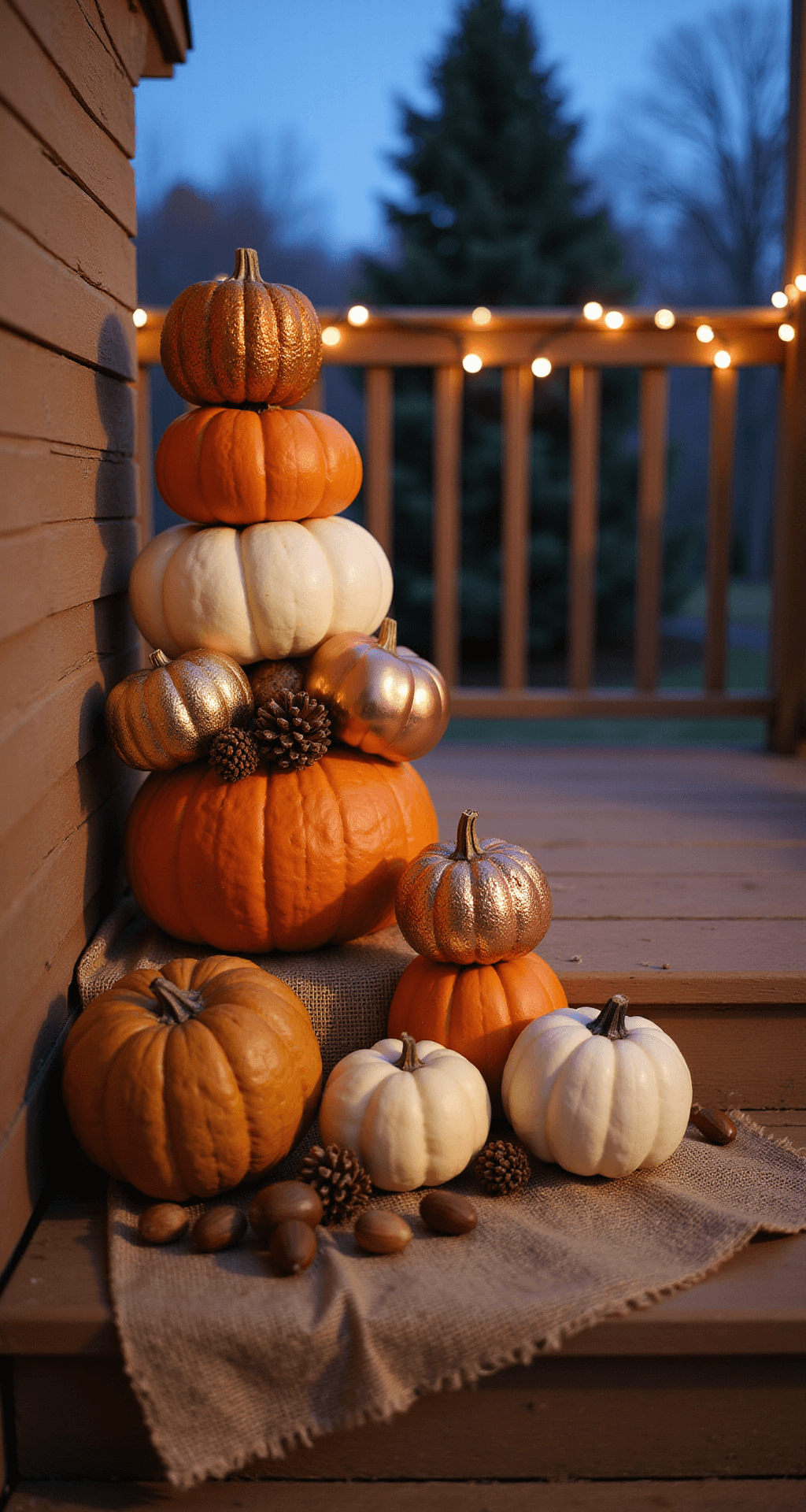 Spooktacular Halloween Front Porch Decor: Transform Your Entrance into a Festive Fright Fest Close-up view of a pumpkin tower arrangement on rustic porch steps at twilight, featuring varying sizes of orange, white, and copper-painted pumpkins, with a burlap runner, scattered acorns, and mini pinecones, illuminated by warm string lights in the background.