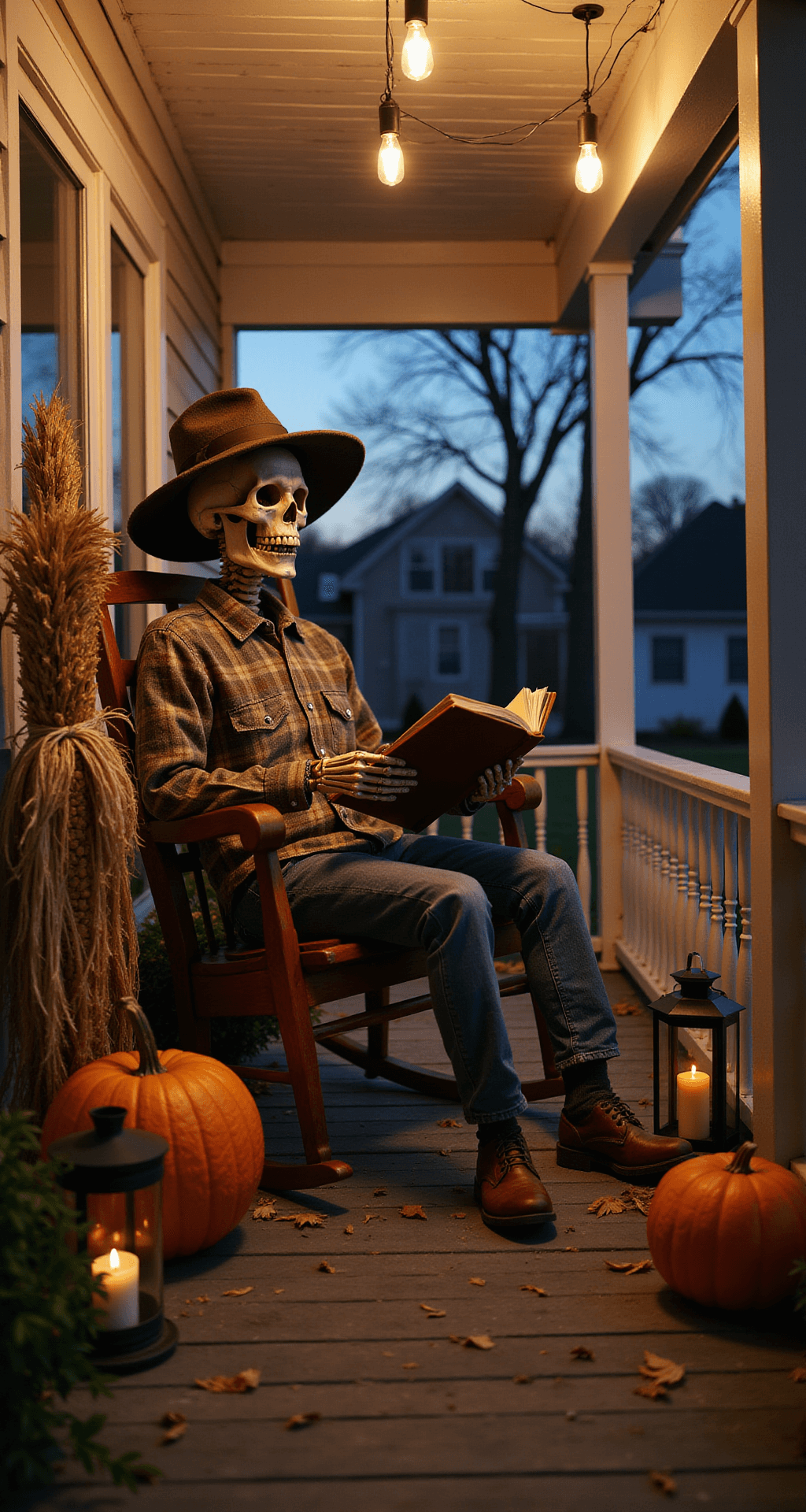 Spooktacular Halloween Front Porch Decor: Transform Your Entrance into a Festive Fright Fest A wide shot of a poseable skeleton in a tattered flannel shirt and straw hat sits in a vintage rocking chair on a covered porch during dusk, reading a leather-bound book. The scene features carved pumpkins, lanterns with battery candles, and corn stalks with raffia bows. Overhead, warm white Edison bulbs cast dramatic shadows on the beadboard ceiling, while the charcoal gray porch floor is decorated with scattered autumn leaves. The camera angle emphasizes the skeleton's imposing presence.