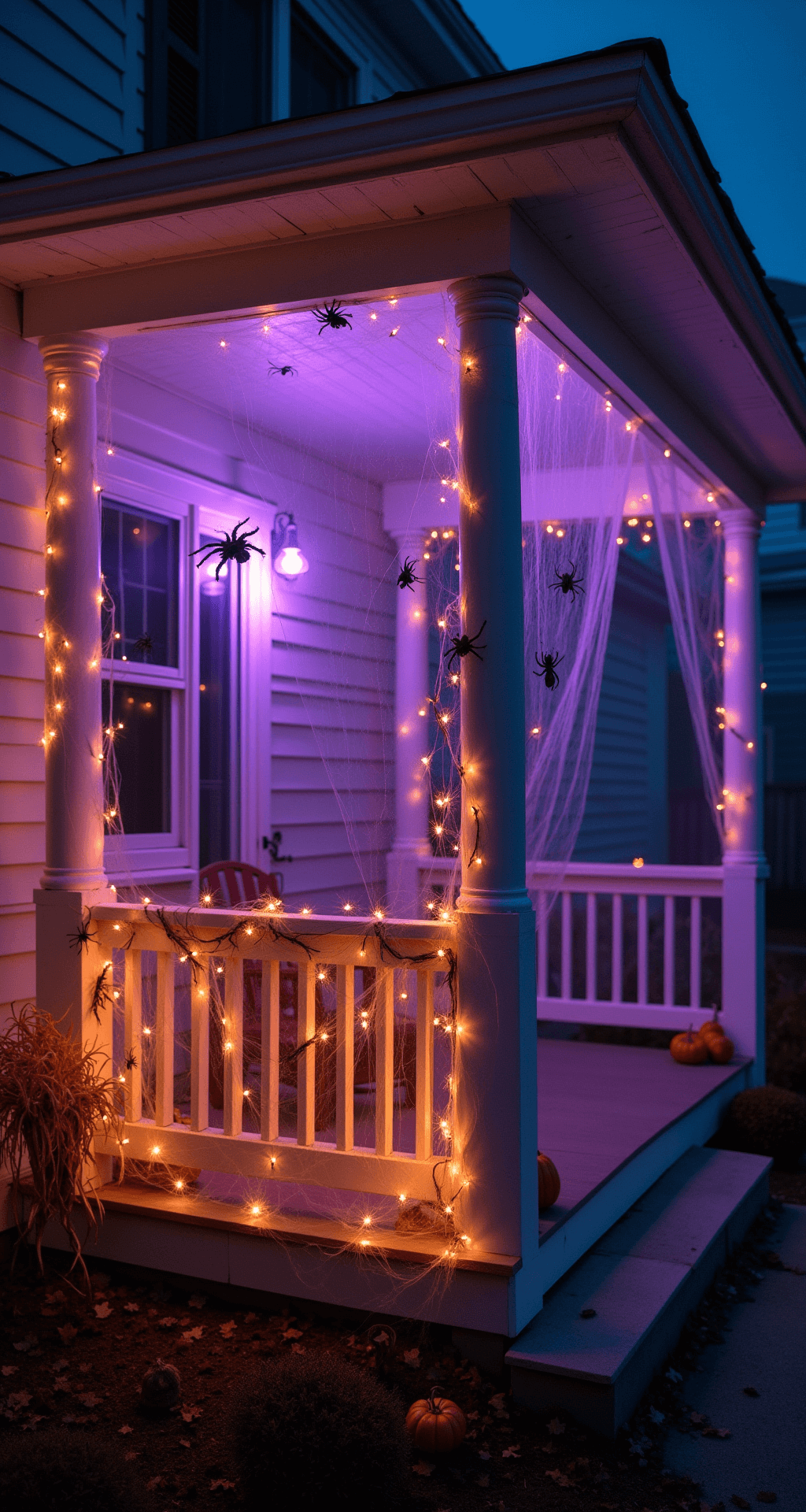 Spooktacular Halloween Front Porch Decor: Transform Your Entrance into a Festive Fright Fest Atmospheric night scene featuring a porch corner laden with intricate spider webs and black widow spiders, illuminated by hidden purple and orange LED lights. A fog machine adds a hazy effect, while vintage lanterns, carved pumpkins, and dried corn husks serve as decorative props. The shot captures high contrast lighting, enhancing the web textures and eerie ambiance.