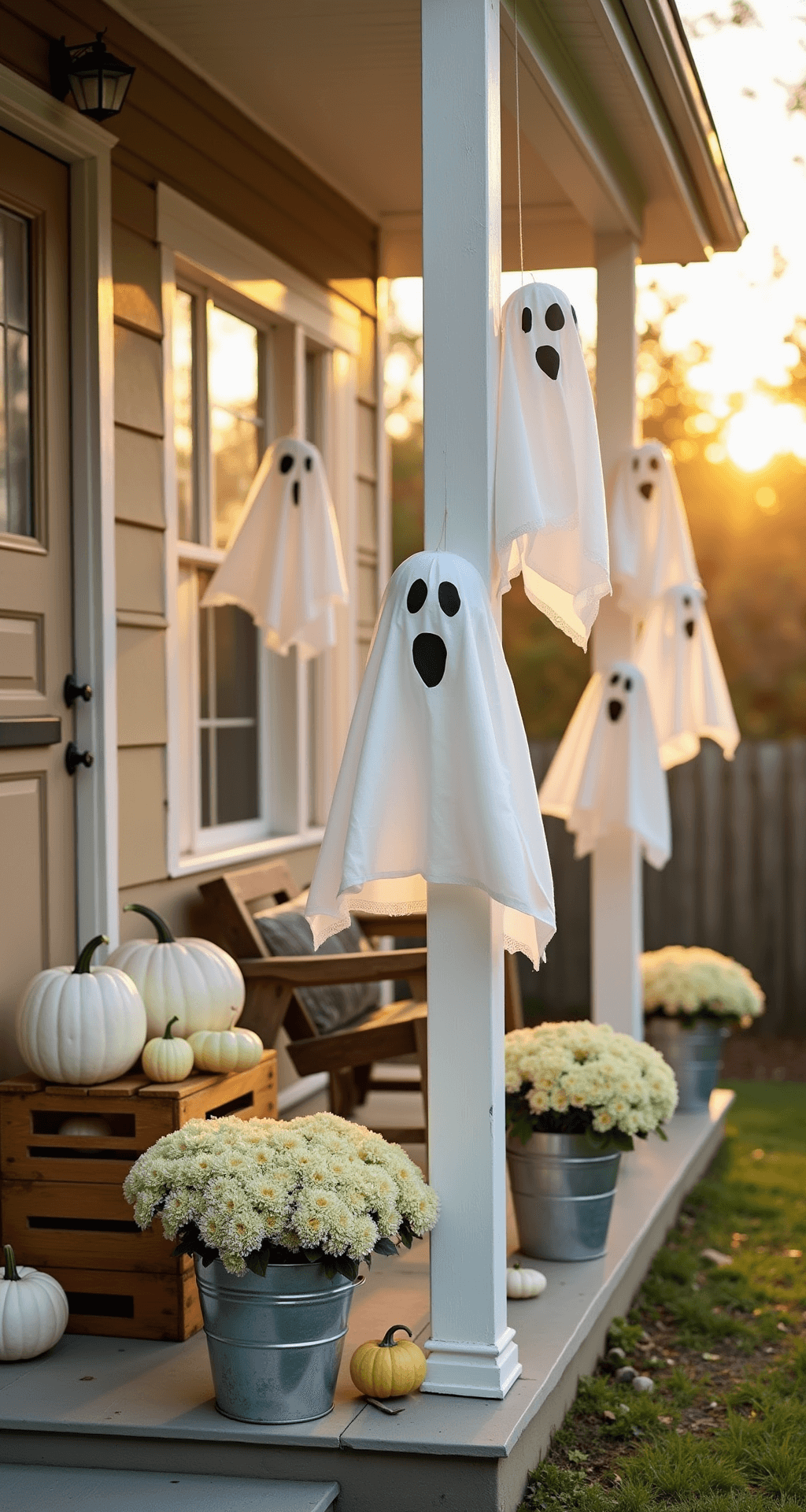 Spooktacular Halloween Front Porch Decor: Transform Your Entrance into a Festive Fright Fest A whimsical wide-angle view of a porch adorned with friendly ghost decorations made from cheesecloth, gently swaying in the golden afternoon light, surrounded by white pumpkins, pale yellow gourds, and cream-colored mums in galvanized buckets, all arranged to create a warm and inviting autumn atmosphere.