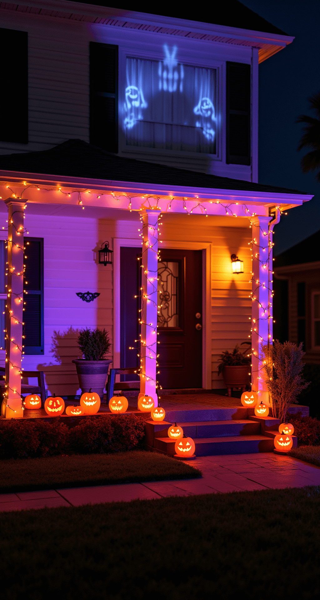 Spooktacular Halloween Front Porch Decor: Transform Your Entrance into a Festive Fright Fest Cinematic night scene of a Halloween-themed porch illuminated with orange and purple string lights, warm white spotlights, and flickering jack-o'-lanterns, enhanced by a Halloween projector casting moving images on the siding, creating a dramatic atmosphere.