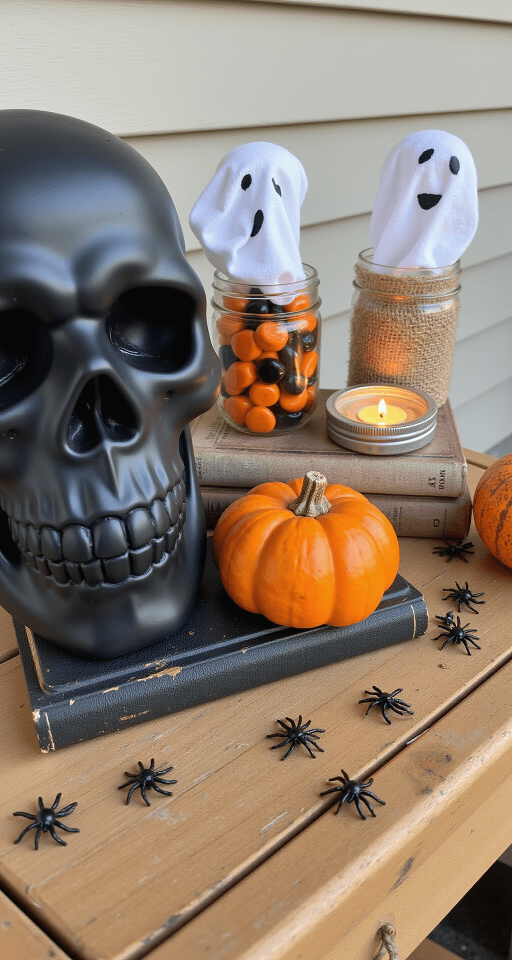 Spooktacular Halloween Front Porch Decor: Transform Your Entrance into a Festive Fright Fest Detailed close-up of a budget-friendly DIY Halloween vignette on a small porch table, featuring black spray-painted plastic skulls, mason jars of orange and black candy, burlap-wrapped tin cans with battery tea lights, handmade ghost figures from old sheets, stacked vintage books, and scattered plastic spiders, all illuminated by soft morning light.