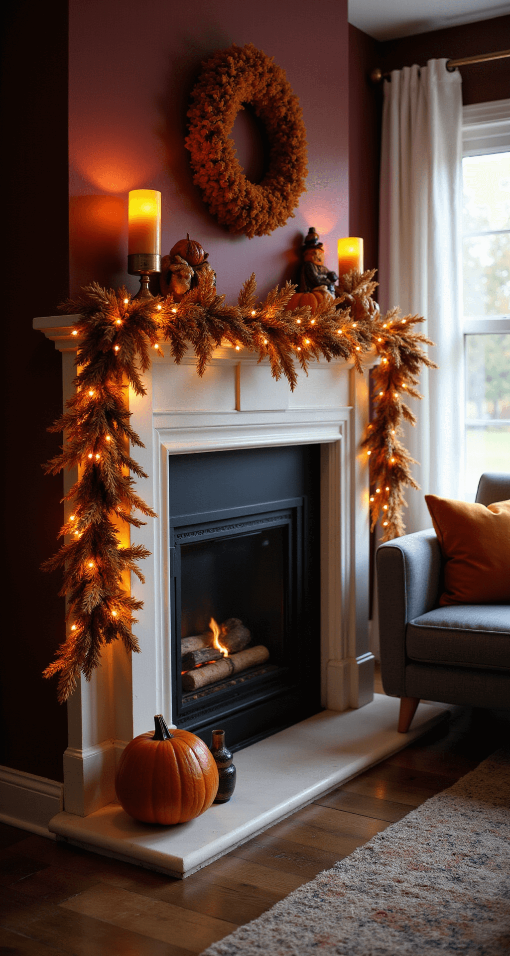 Illuminate Your Halloween: The Ultimate Guide to Halloween Garlands with Lights Cozy living room mantel decorated for Halloween with an elaborate garland, warm LED lights, velvet pumpkins, and flickering candles, against deep burgundy walls and mid-century modern furniture, illuminated at golden hour.