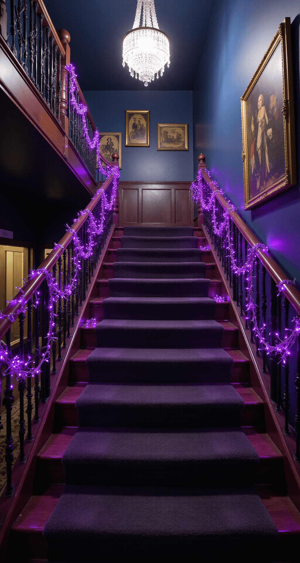 Illuminate Your Halloween: The Ultimate Guide to Halloween Garlands with Lights Low-angle view of a dramatic staircase adorned with a cascading Halloween garland and purple LED lights, featuring dark walnut handrails, wrought iron balusters, aged tapestries, and a crystal chandelier. The midnight blue walls with gold accents and evening lighting enhance the mysterious atmosphere, blending Victorian-era styling with contemporary touches.