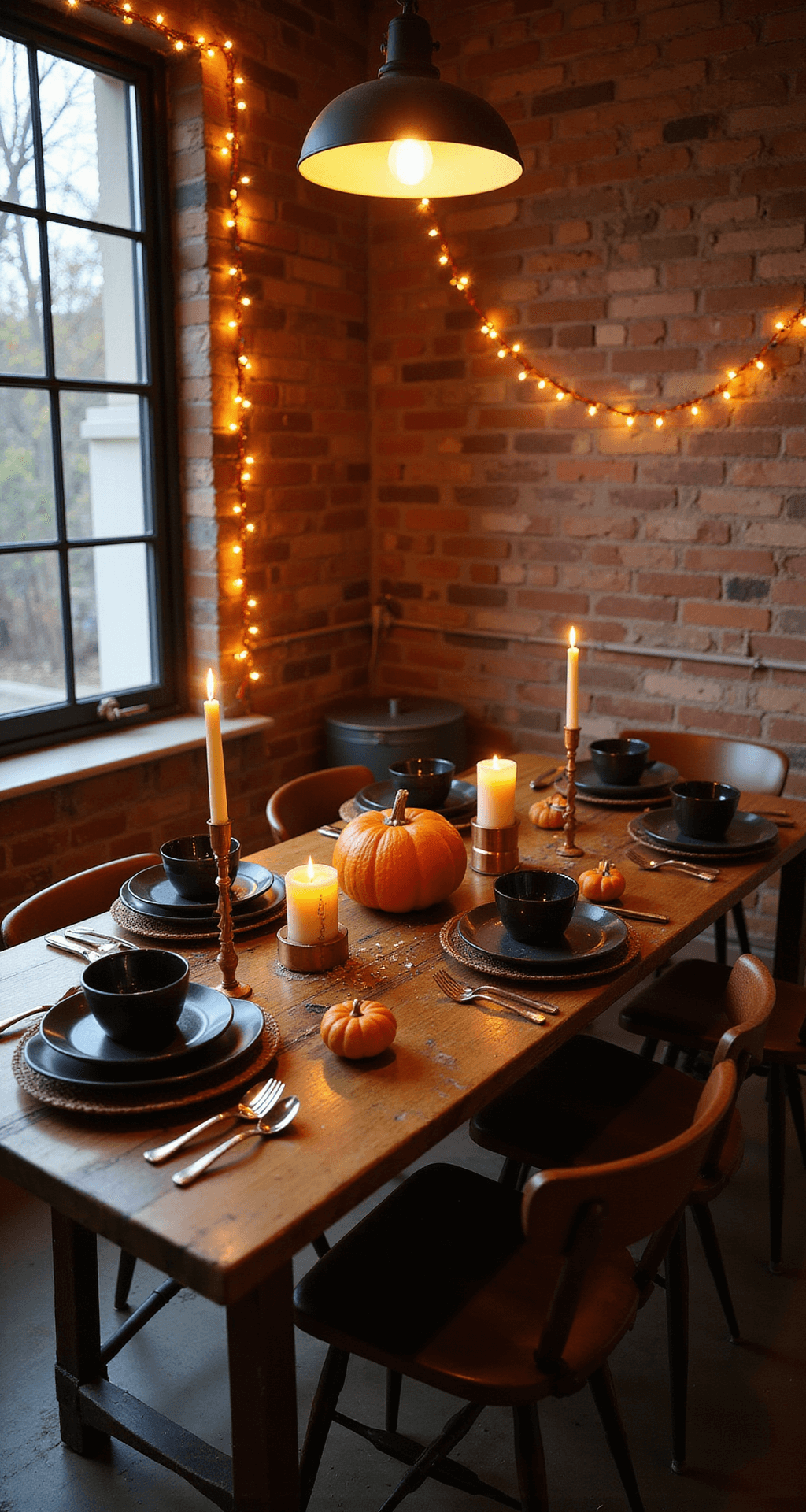 Illuminate Your Halloween: The Ultimate Guide to Halloween Garlands with Lights Intimate dining room set for a candlelit Halloween dinner, featuring a reclaimed wood table with black ceramic dishes, copper accents, mini pumpkins, and a DIY garland of orange string lights, all under warm amber lighting against exposed brick walls and industrial pendant lights.