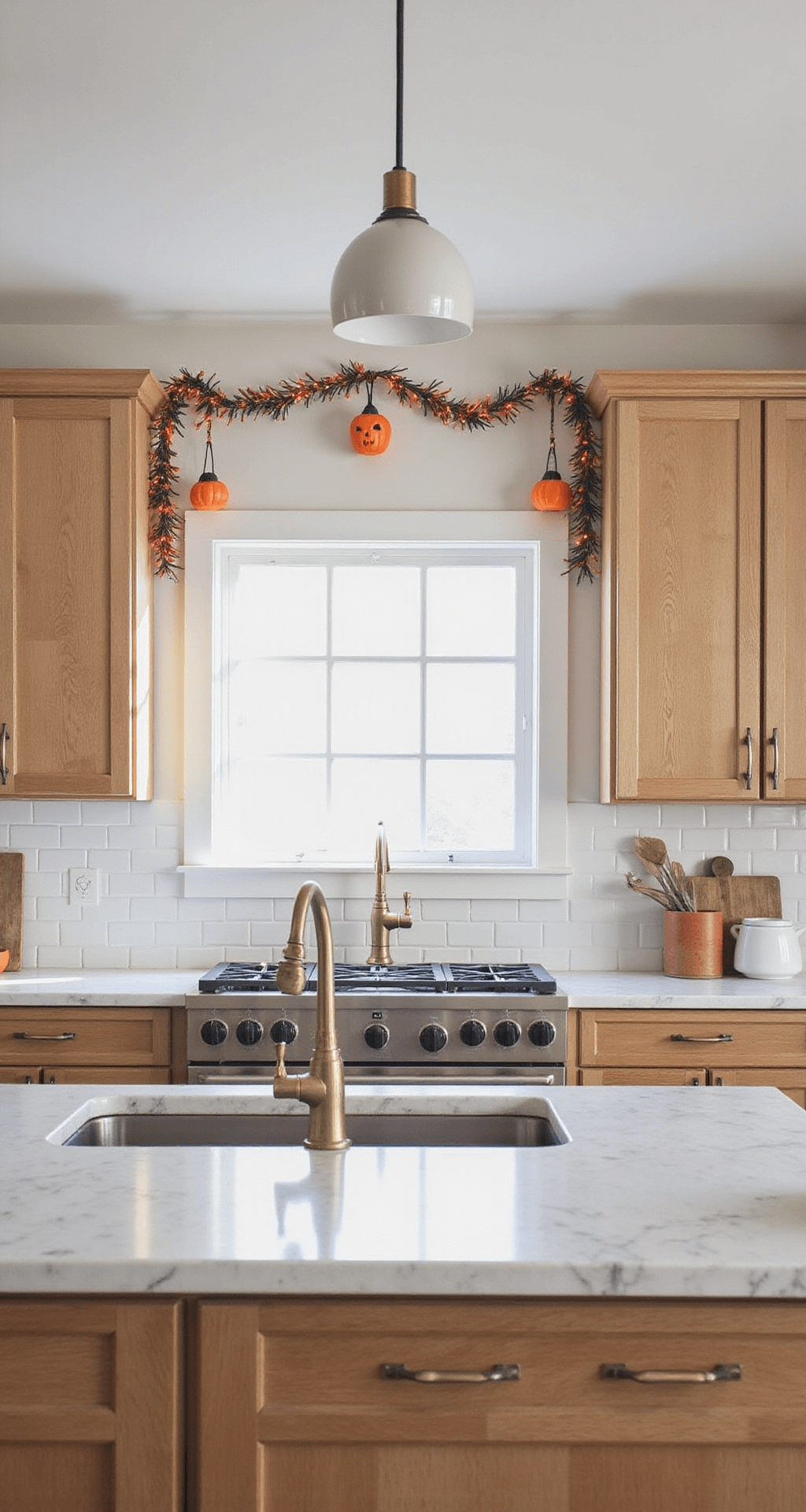 Illuminate Your Halloween: The Ultimate Guide to Halloween Garlands with Lights Modern kitchen with white subway tile backsplash, budget-friendly Halloween garland with LED lights, marble countertops, brass hardware, and seasonal orange accessories. Natural oak cabinets against white walls, illuminated by pendant lights, showcasing a clean and contemporary design with minimal Halloween decorations.