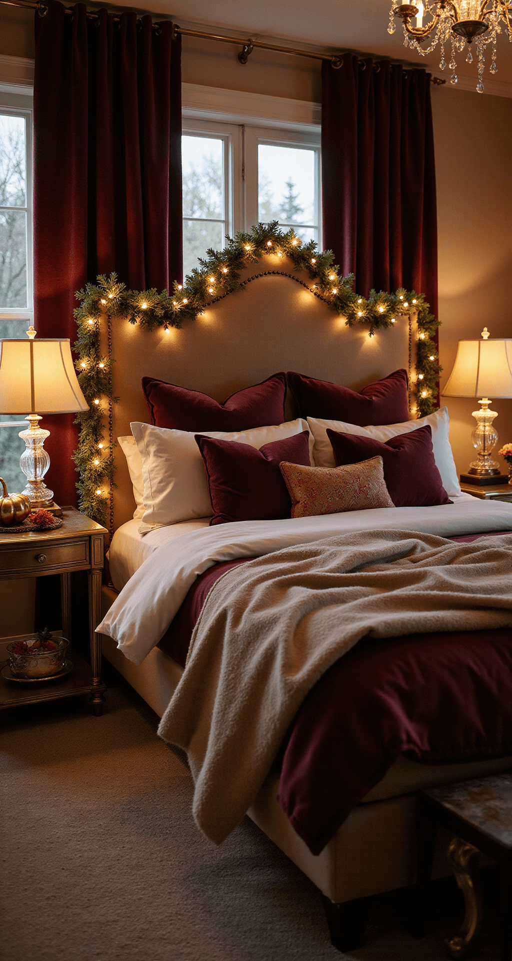 Illuminate Your Halloween: The Ultimate Guide to Halloween Garlands with Lights Elegant bedroom at twilight featuring premium Halloween garland with warm white LED lights draped around an upholstered headboard, complemented by luxurious silk pillows, cashmere throws, velvet curtains in jewel tones, antique brass nightstands, and crystal lamps, creating a romantic, sophisticated Halloween atmosphere with metallic pumpkins and dried florals.
