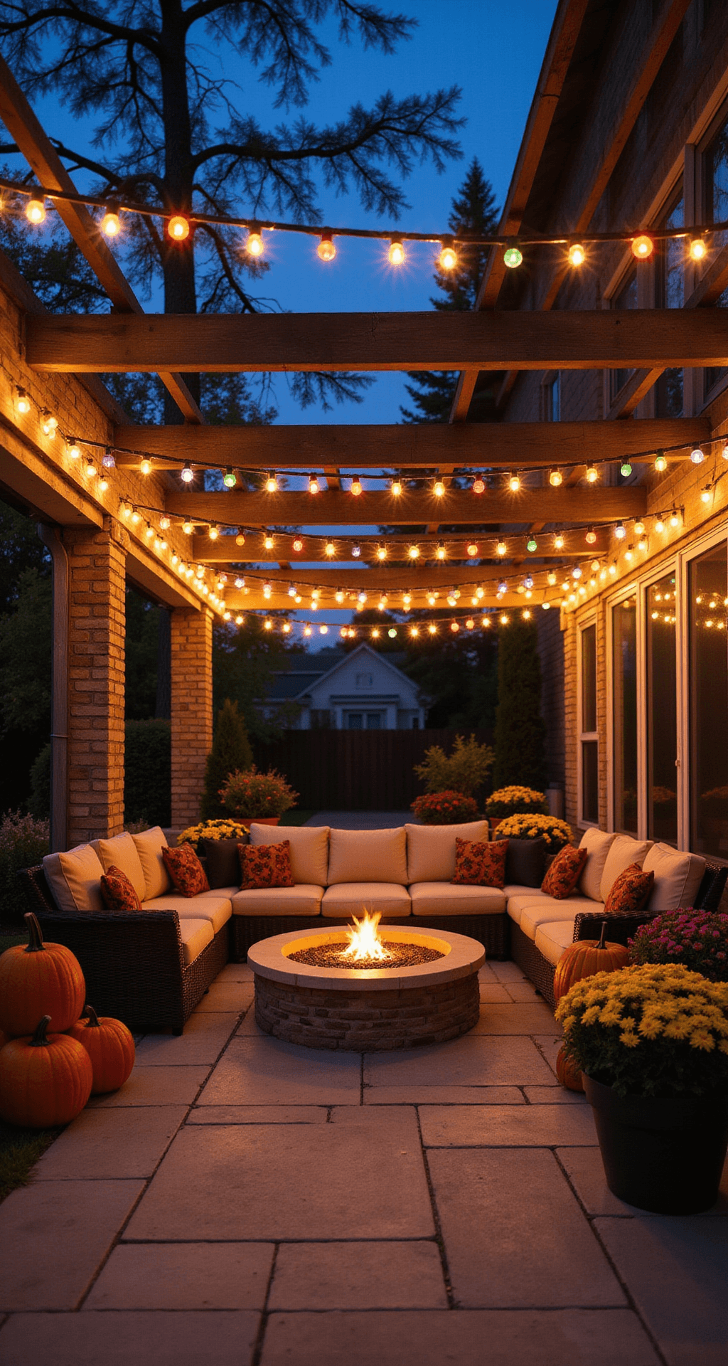 Illuminate Your Halloween: The Ultimate Guide to Halloween Garlands with Lights Spacious outdoor patio during an evening Halloween party, adorned with multicolor LED garlands, comfortable neutral sectional seating, a fire pit surrounded by chairs, string bistro lights overhead, natural stone flooring, potted mums, and carved pumpkins.
