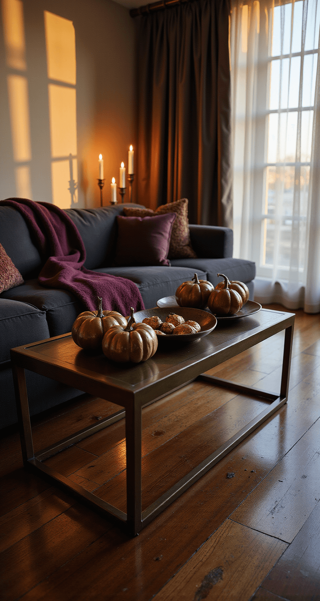Classy Halloween Home Decor: Elevate Your Seasonal Style with Sophisticated Spooky Touches Wide angle shot of a sophisticated living room at golden hour featuring a charcoal velvet sofa with a deep plum throw, a brass-framed coffee table with metallic bronze pumpkins, and warm ambient lighting from LED taper candles on cream walls, all enhanced by rich mahogany floors and sheer curtains.