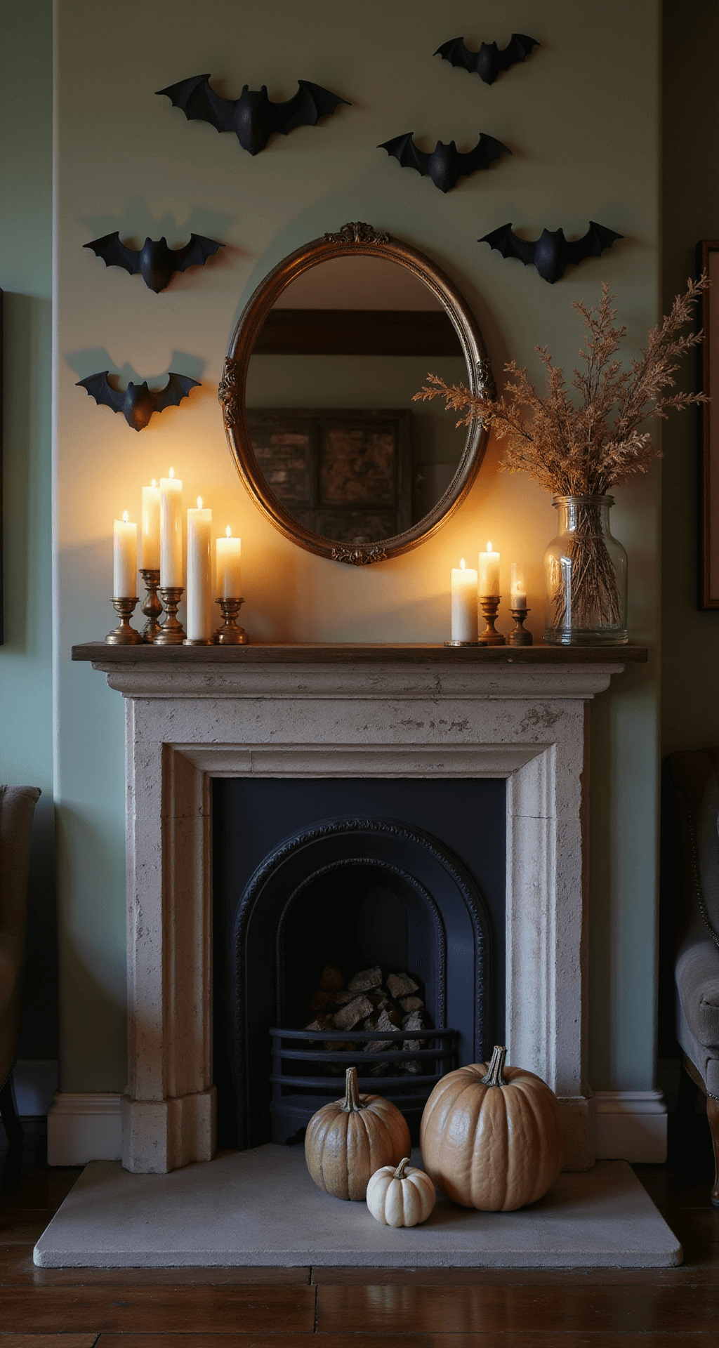 Classy Halloween Home Decor: Elevate Your Seasonal Style with Sophisticated Spooky Touches Intimate entryway vignette at twilight featuring a statement mantel styled with clustered ivory candles, black bat silhouettes on a sage green wall, and a decorative apothecary jar with dried botanicals. A weathered brass mirror reflects the candlelight amidst a stone fireplace surround and dark hardwood floors, all captured in a vertical portrait orientation with soft amber lighting casting mysterious shadows.
